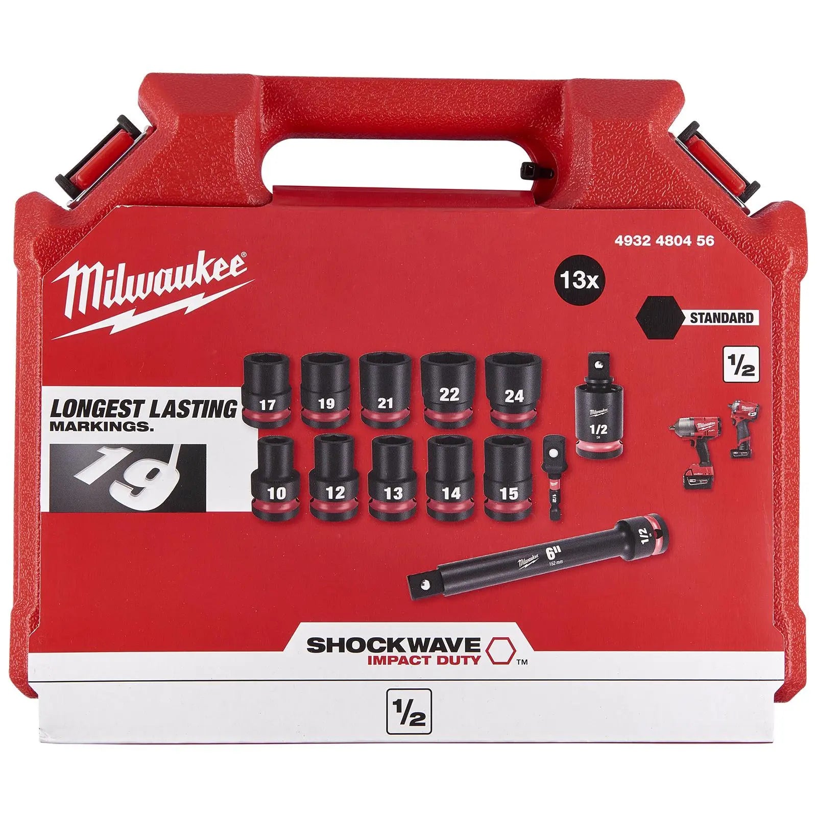 Milwaukee Impact Socket Set Standard 1/2" Drive 13 Piece 10-24mm SHOCKWAVE Impact Duty 