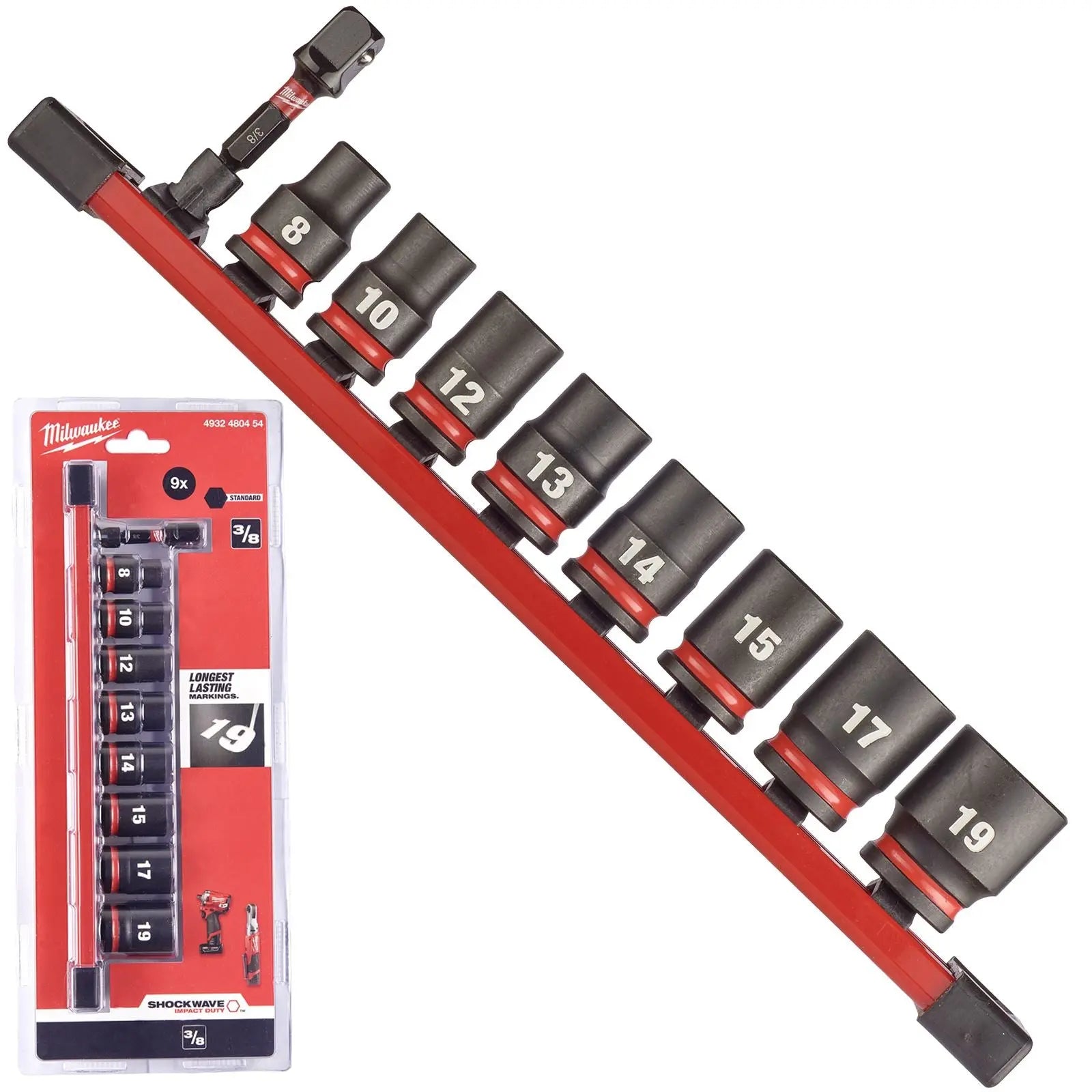 Milwaukee Impact Socket Set Standard on Socket Rail 3/8" Drive 9 Piece 8-19mm SHOCKWAVE 