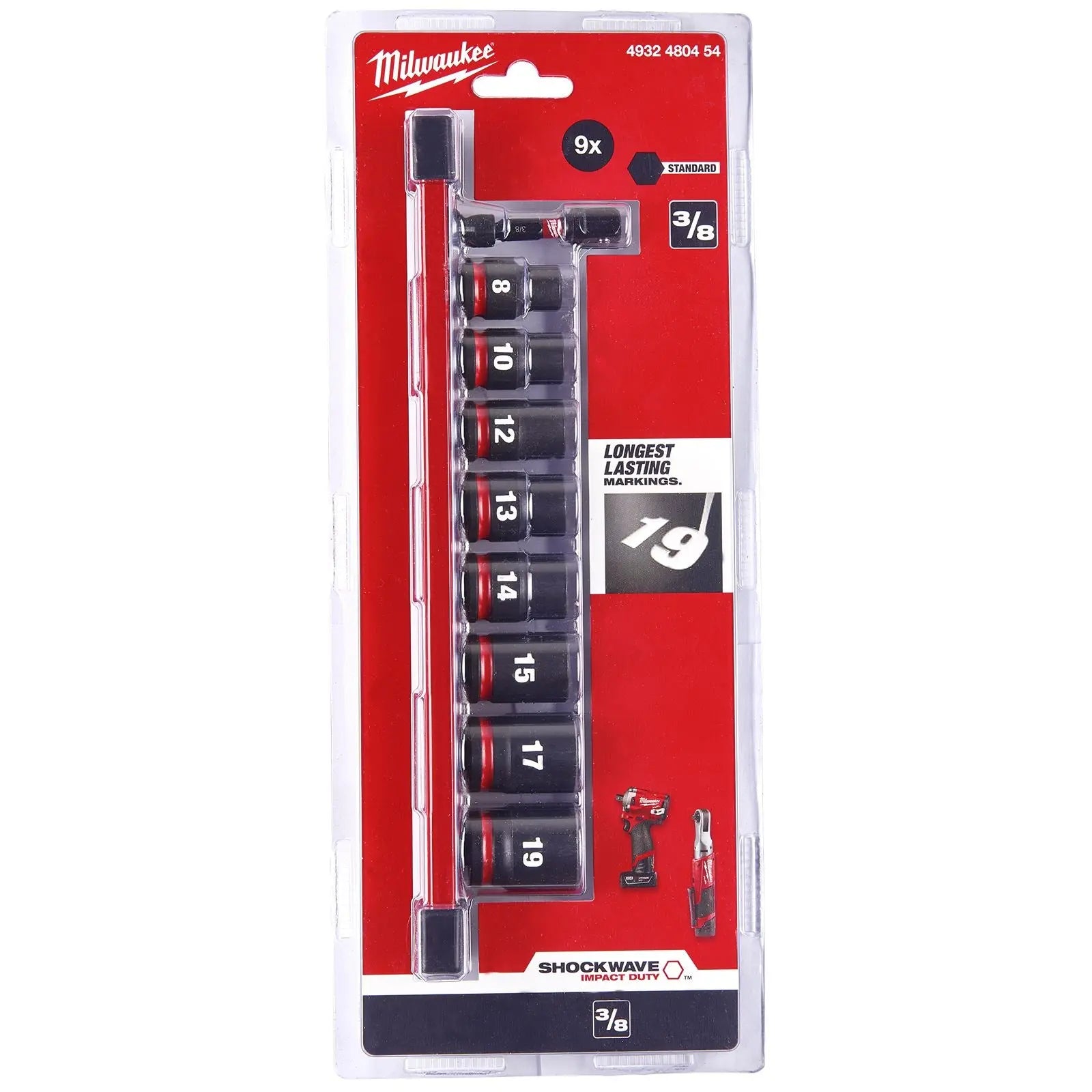 Milwaukee Impact Socket Set Standard on Socket Rail 3/8" Drive 9 Piece 8-19mm SHOCKWAVE 