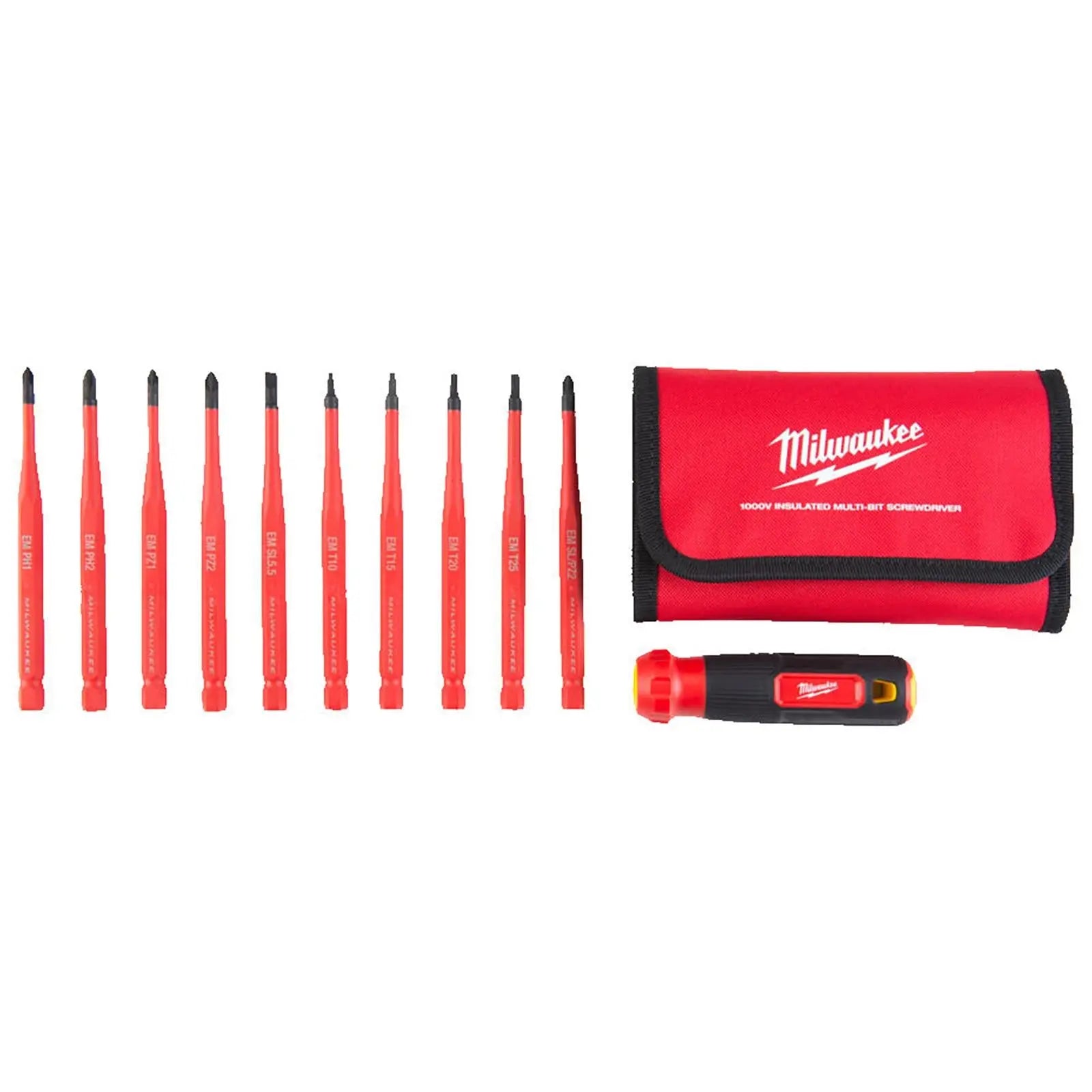 Milwaukee Insulated 10 In 1 Multi Shank Screwdriver Set VDE Phillips Pozi Torx Slotted Slim Shank  White Rose Tools