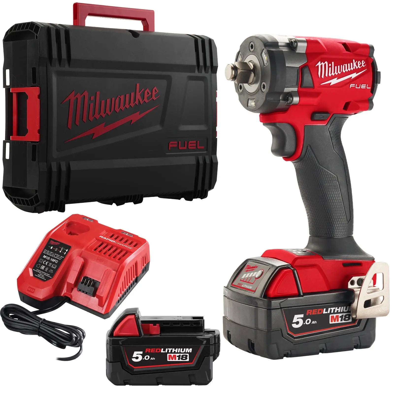 Milwaukee M18 Fuel 18V 3/8" Drive Cordless Compact Impact Wrench Friction Ring 2 x 5Ah Battery + Charger M18FIW2F38-502X  White Rose Tools