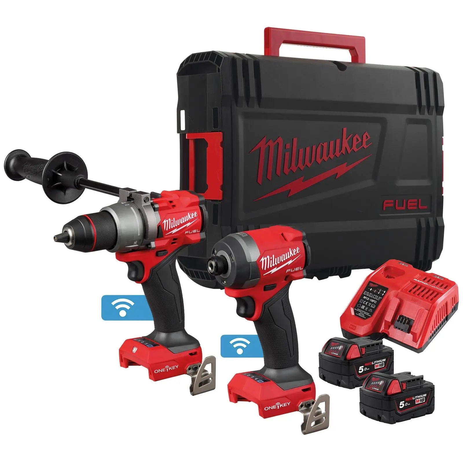 Milwaukee M18 Fuel One-Key Powerpack Kit 18V Cordless Combi Drill + Impact Driver 2 x 5Ah Batteries + Charger M18ONEPP2A3-502X  White Rose Tools