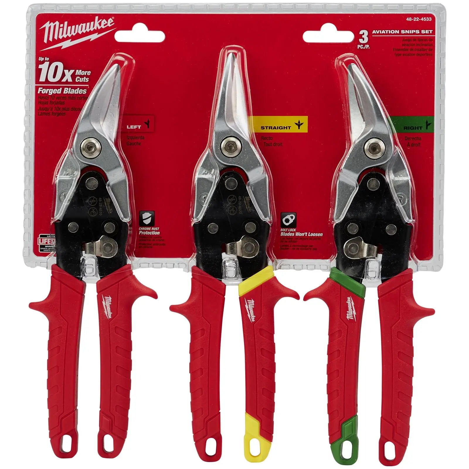 Milwaukee Metal Aviation Snips Set 3 Piece Left Right Straight Cut 260mm 