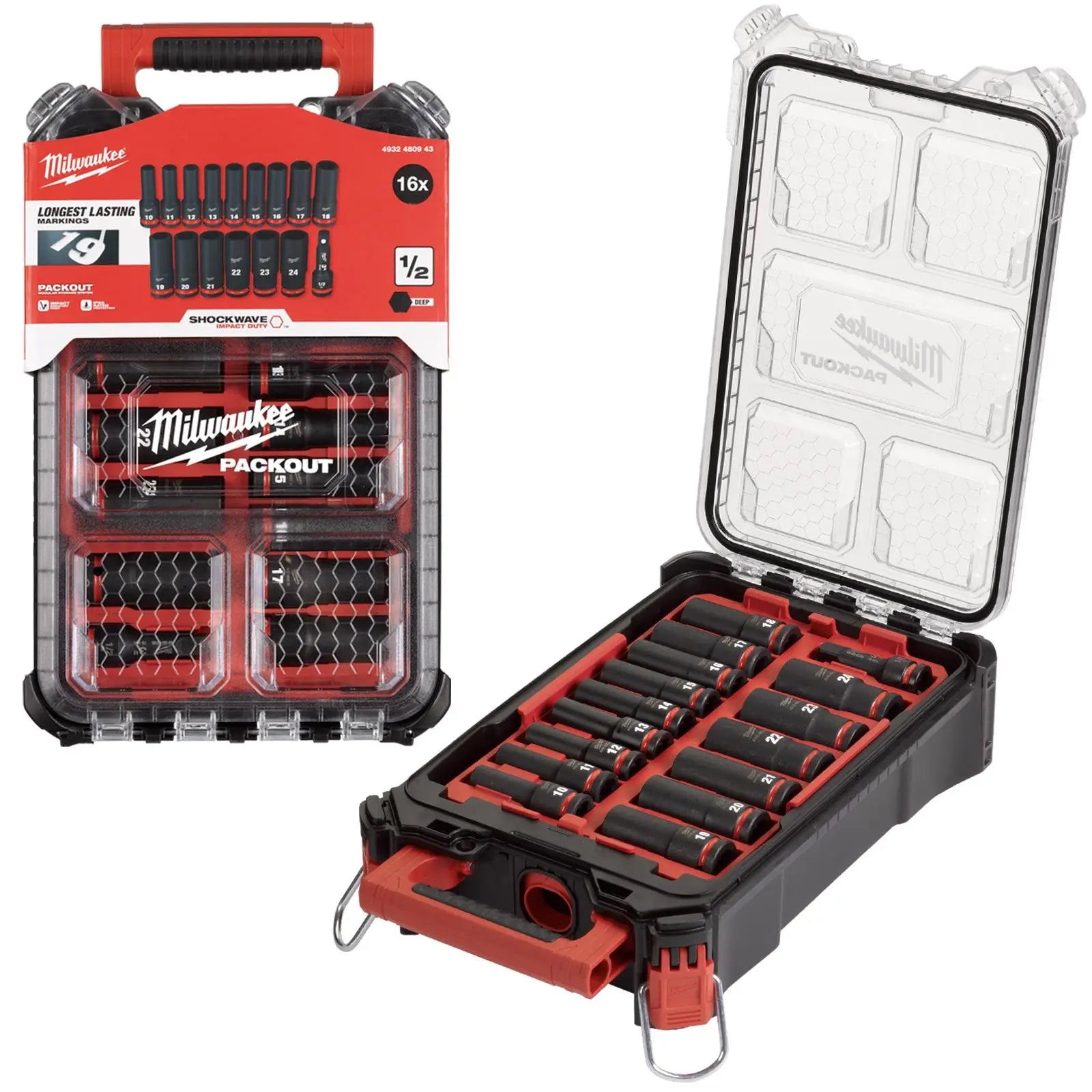 Milwaukee PACKOUT Impact Socket Set 16 Piece 1/2" Drive Deep 10-24mm SHOCKWAVE 