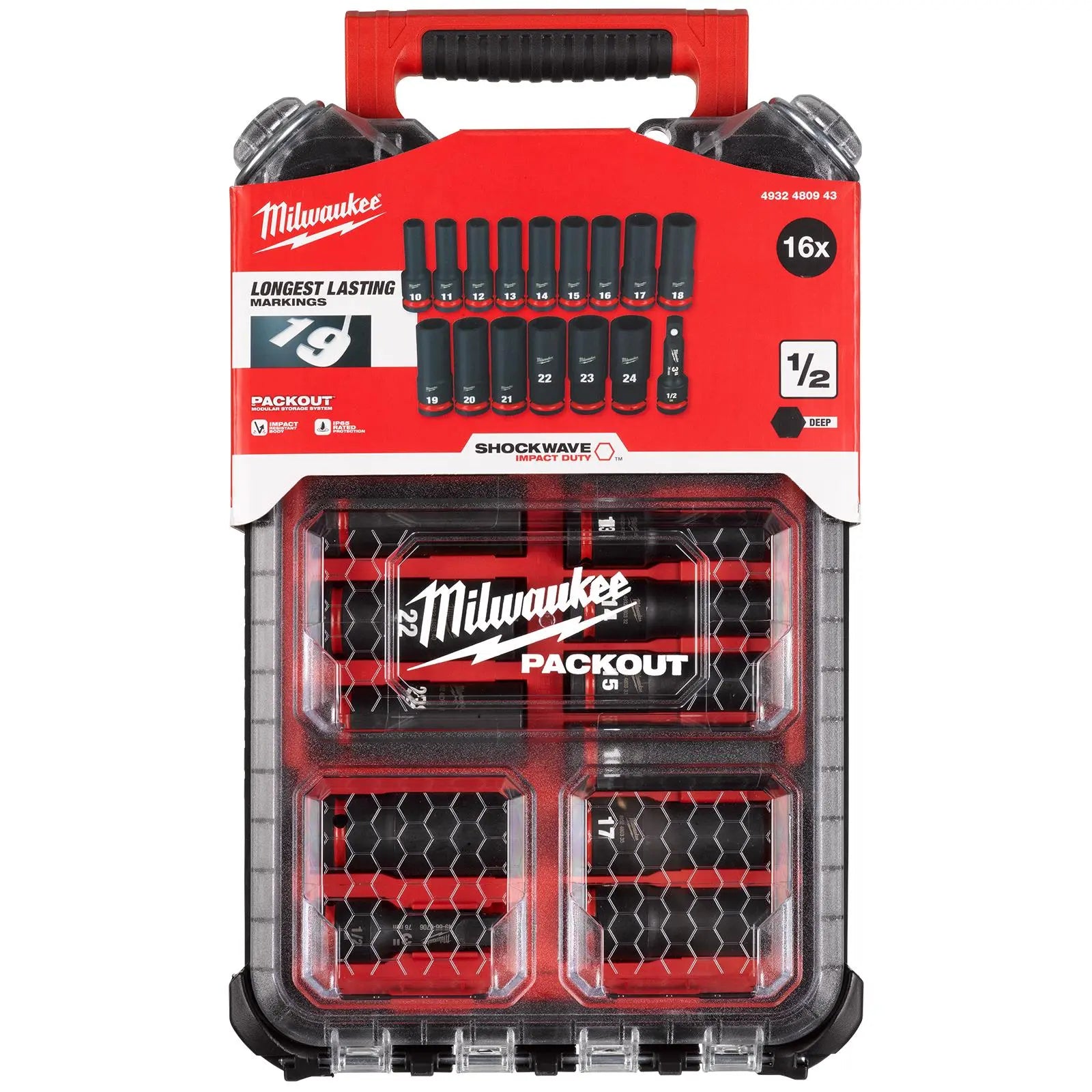 Milwaukee PACKOUT Impact Socket Set 16 Piece 1/2" Drive Deep 10-24mm SHOCKWAVE 
