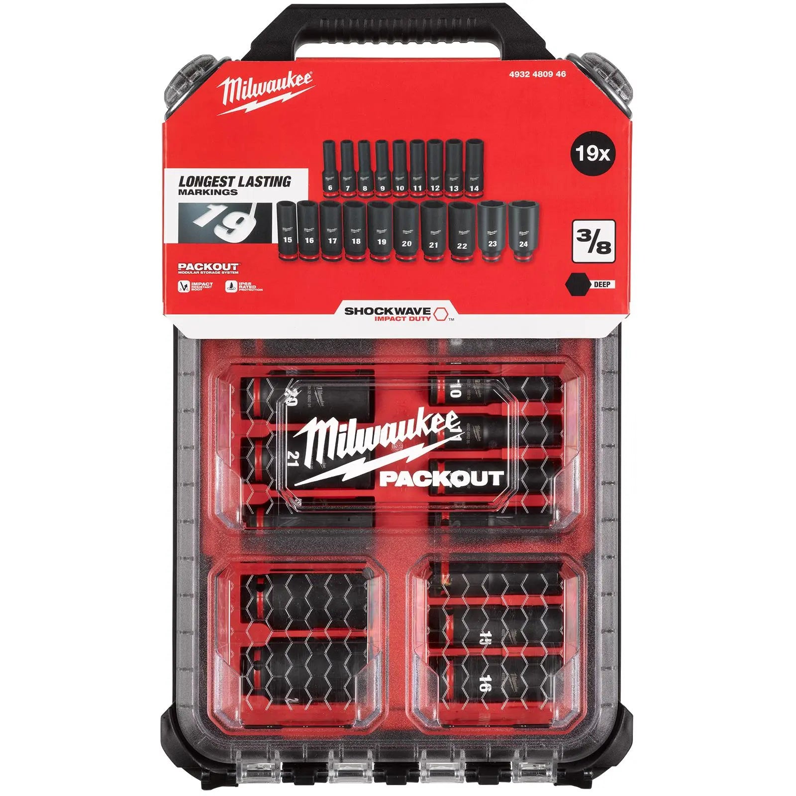 Milwaukee PACKOUT Impact Socket Set 19 Piece 3/8" Drive Deep 6-24mm SHOCKWAVE 