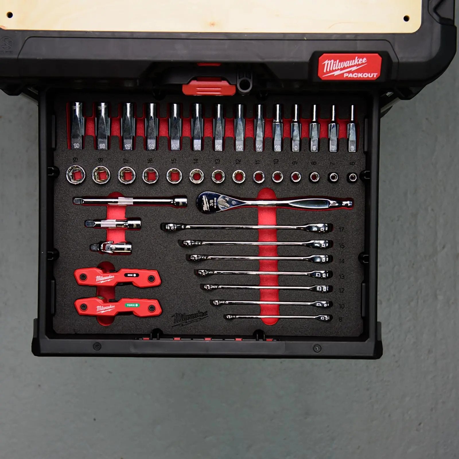 Milwaukee Packout Drawer 3/8" Drive Ratchet and Ratcheting Combi Spanner Foam Insert Set 55pc  White Rose Tools