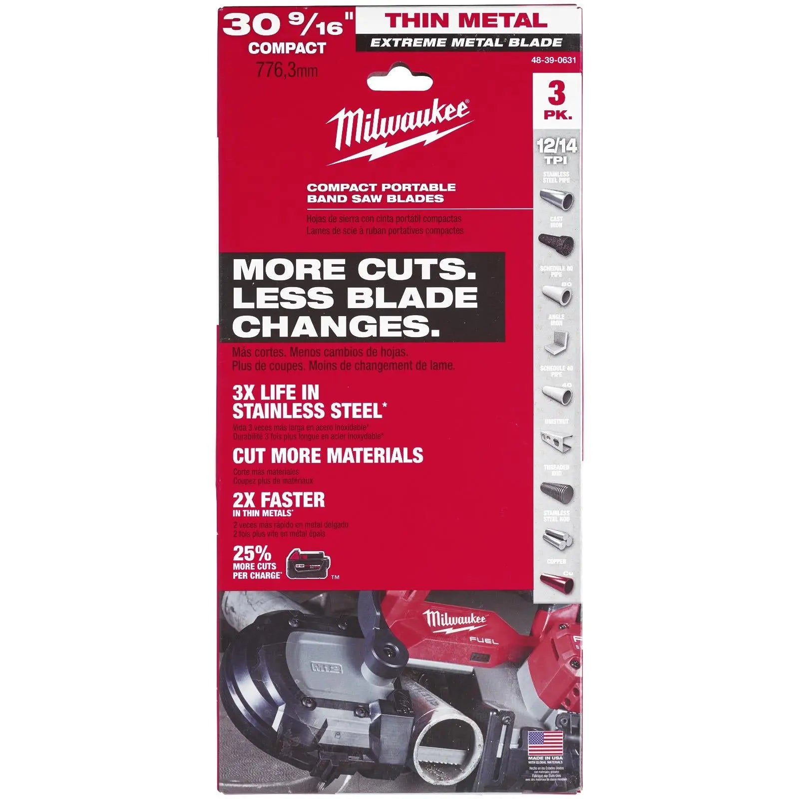 Milwaukee Premium Bandsaw Blade M12 Sub Compact 776.29mm x 12.7mm x 0.51mm 12/14 TPI 3 Pieces  White Rose Tools