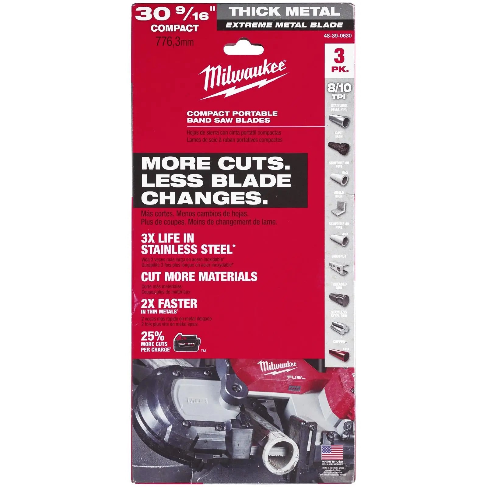 Milwaukee Premium Bandsaw Blade M12 Sub Compact 776.29mm x 12.7mm x 0.51mm 8/10 TPI 3 Pieces  White Rose Tools