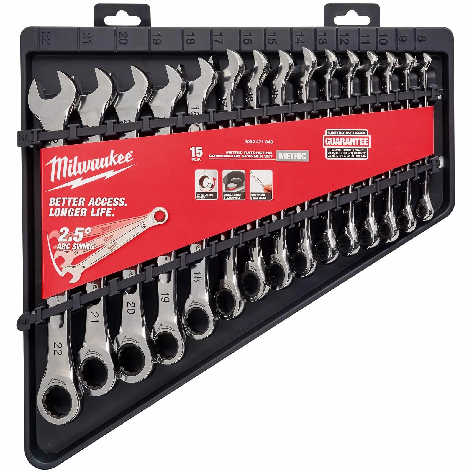 Milwaukee Ratchet Combination Spanner Set Fixed Head 15 Piece 8-22mm 