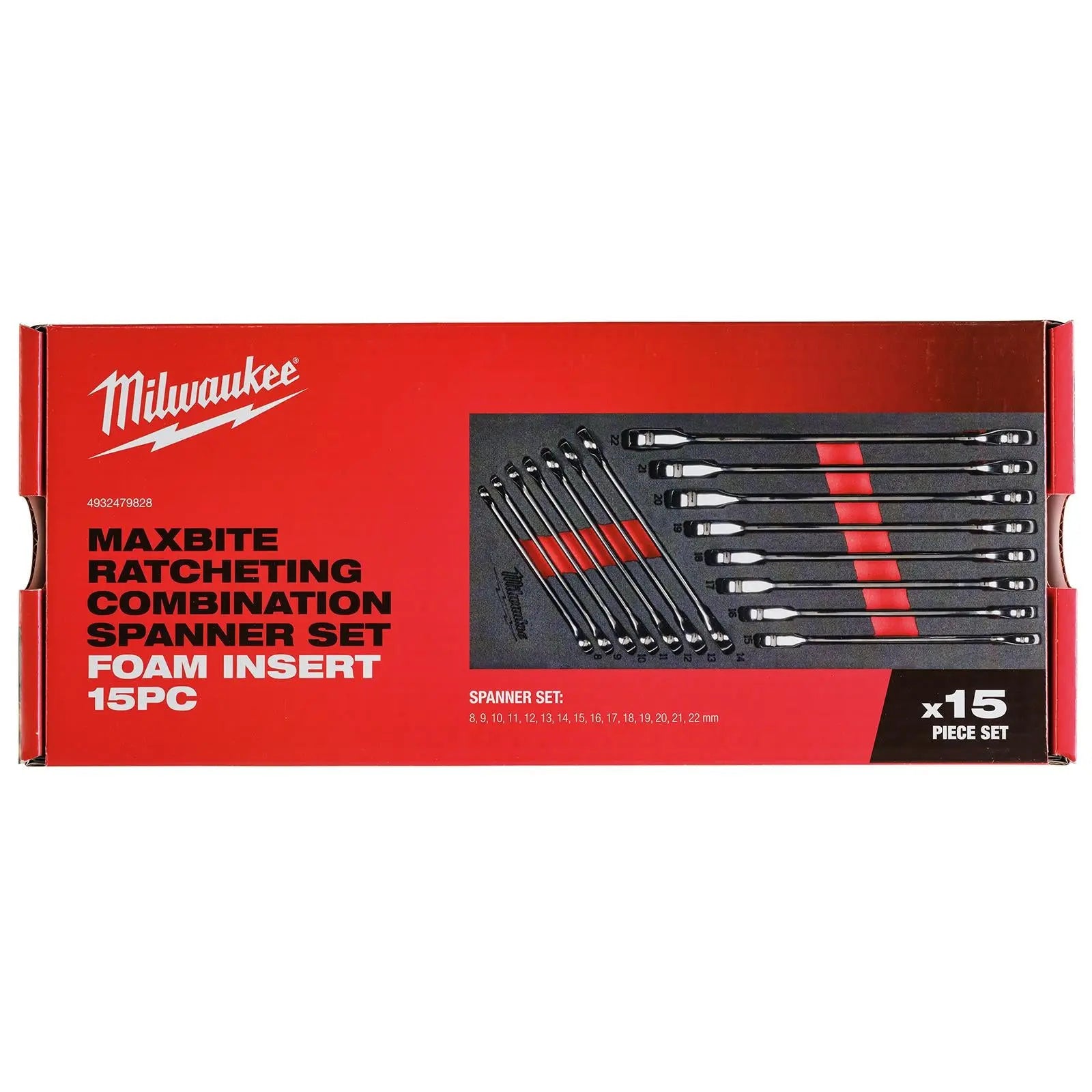 Milwaukee Ratchet Combination Spanner Set Fixed Head MAX BITE 15 Piece in Foam Insert 