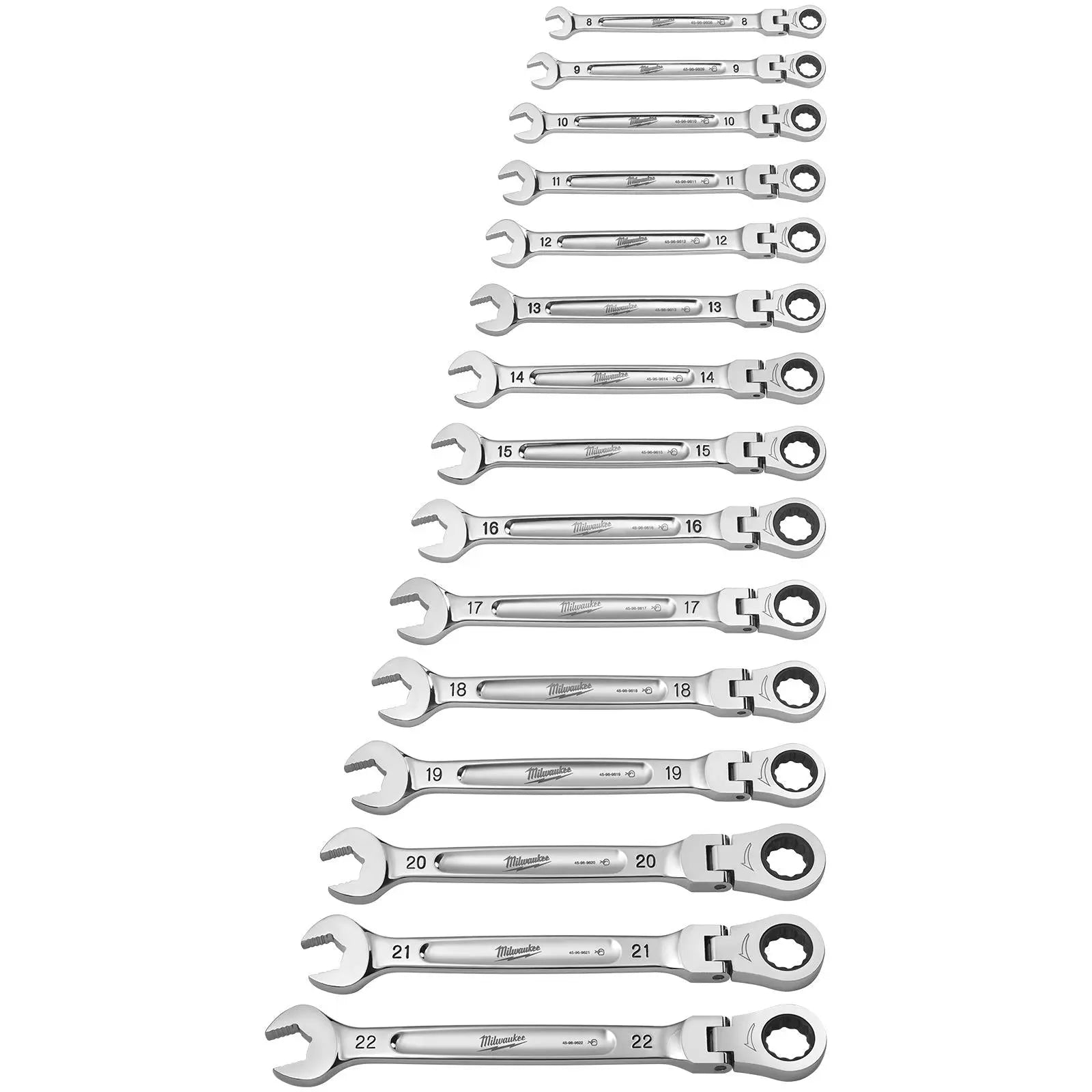 Milwaukee Ratchet Combination Spanner Set Flexi Head MAX BITE 15 Piece 8-22mm 