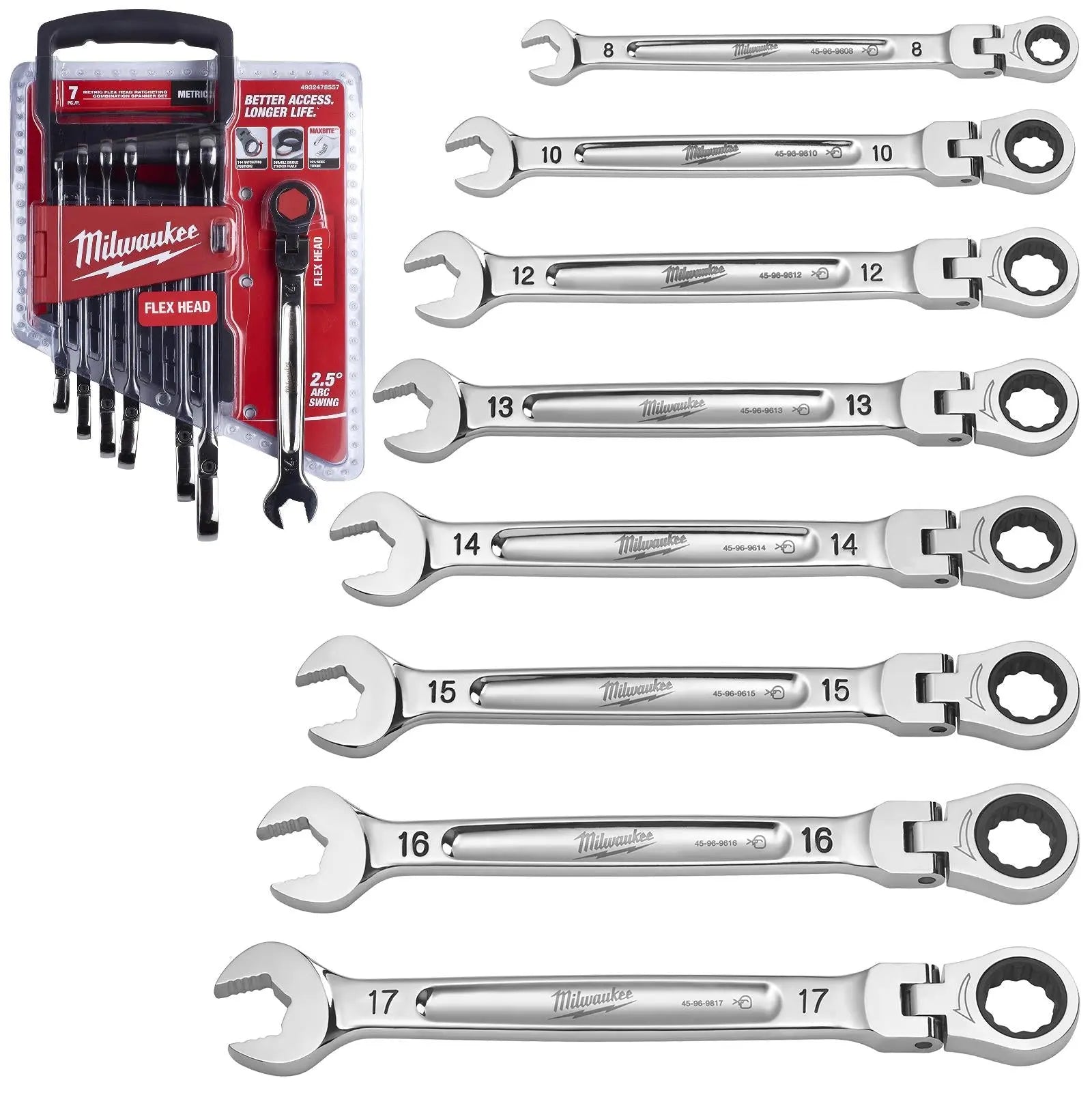 Milwaukee Ratchet Combination Spanner Set Flexi Head MAX BITE 7 Piece 8-17mm 