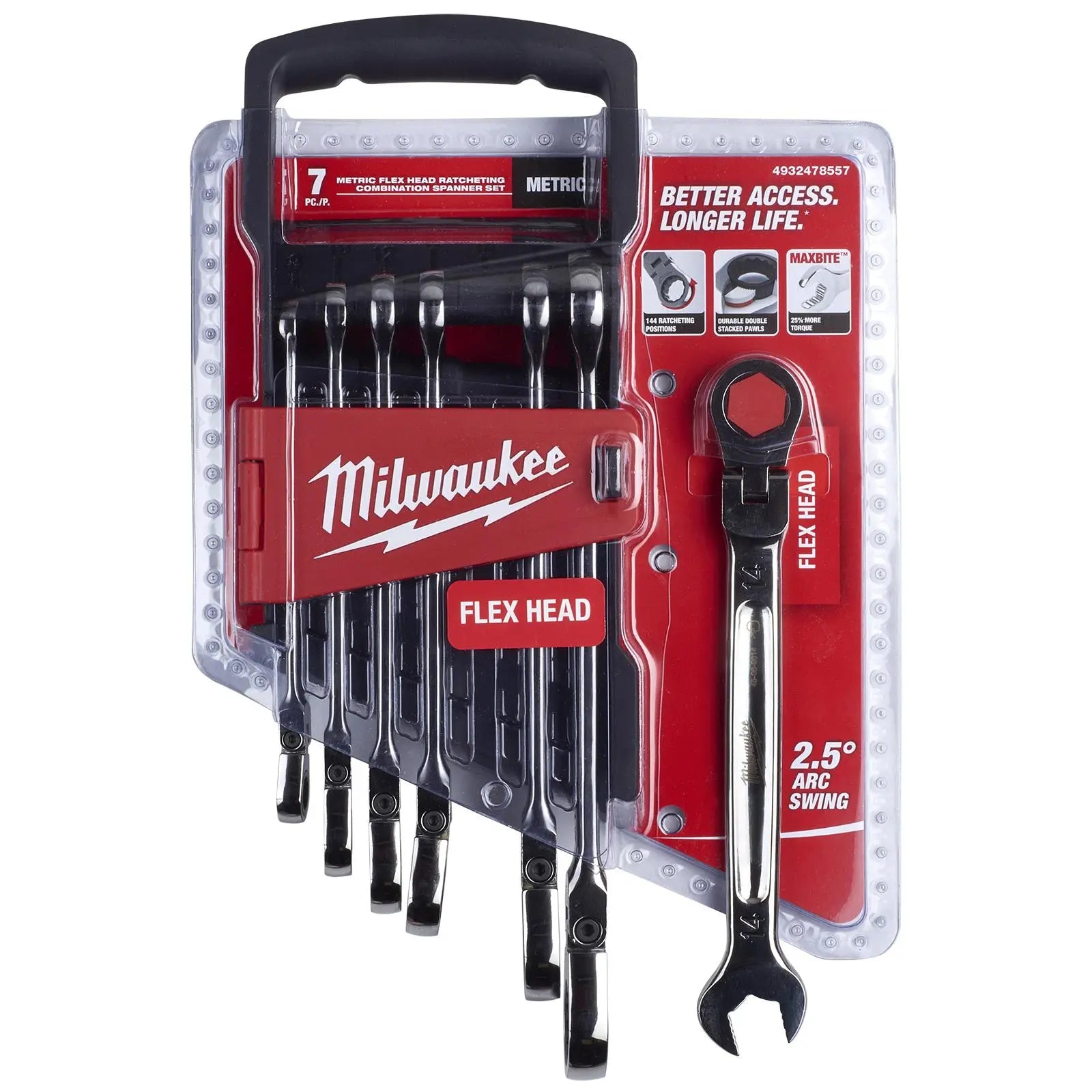 Milwaukee Ratchet Combination Spanner Set Flexi Head MAX BITE 7 Piece 8-17mm 