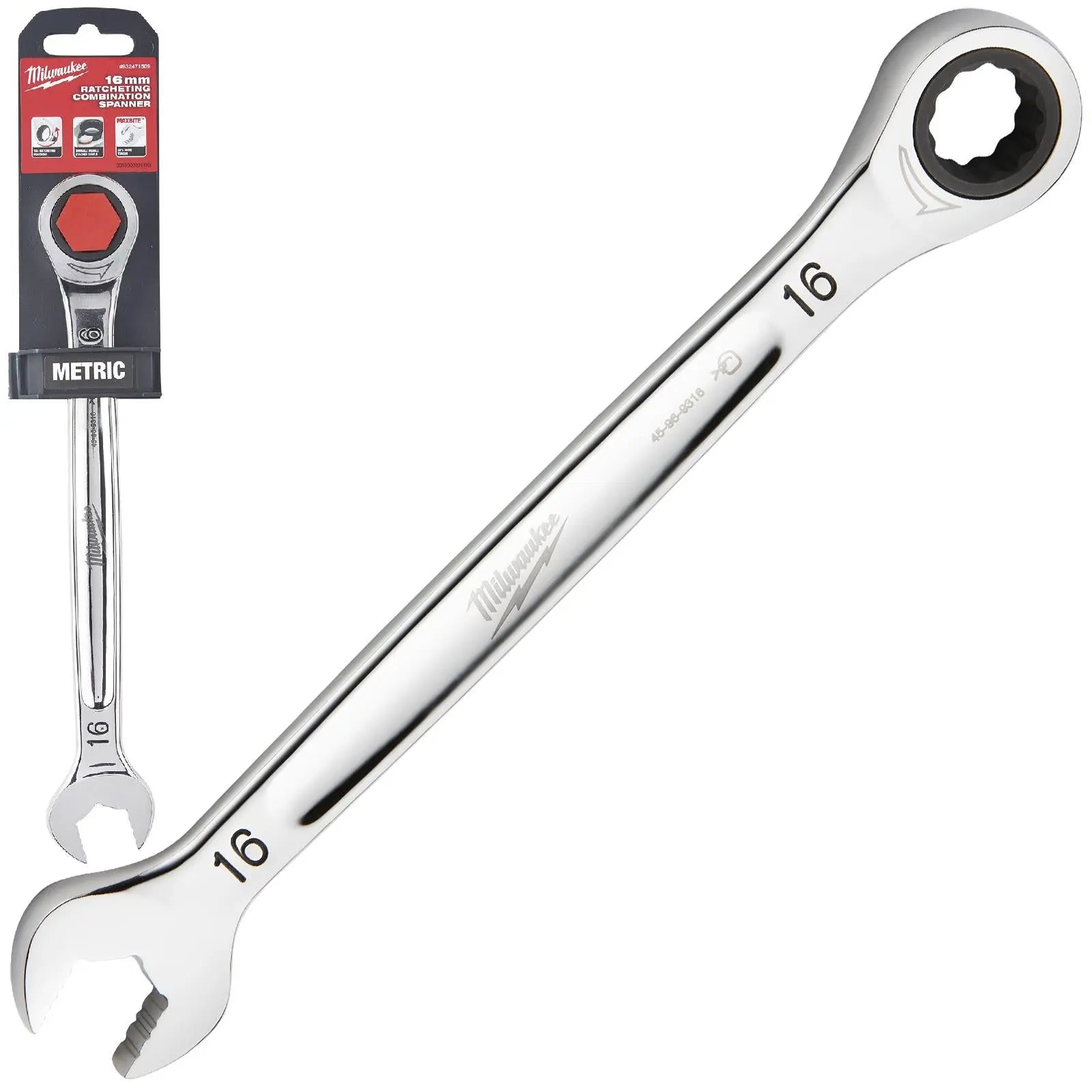 Milwaukee Ratchet Combination Spanners MAX BITE Fixed Head Open End Ring - Choose Size  White Rose Tools
