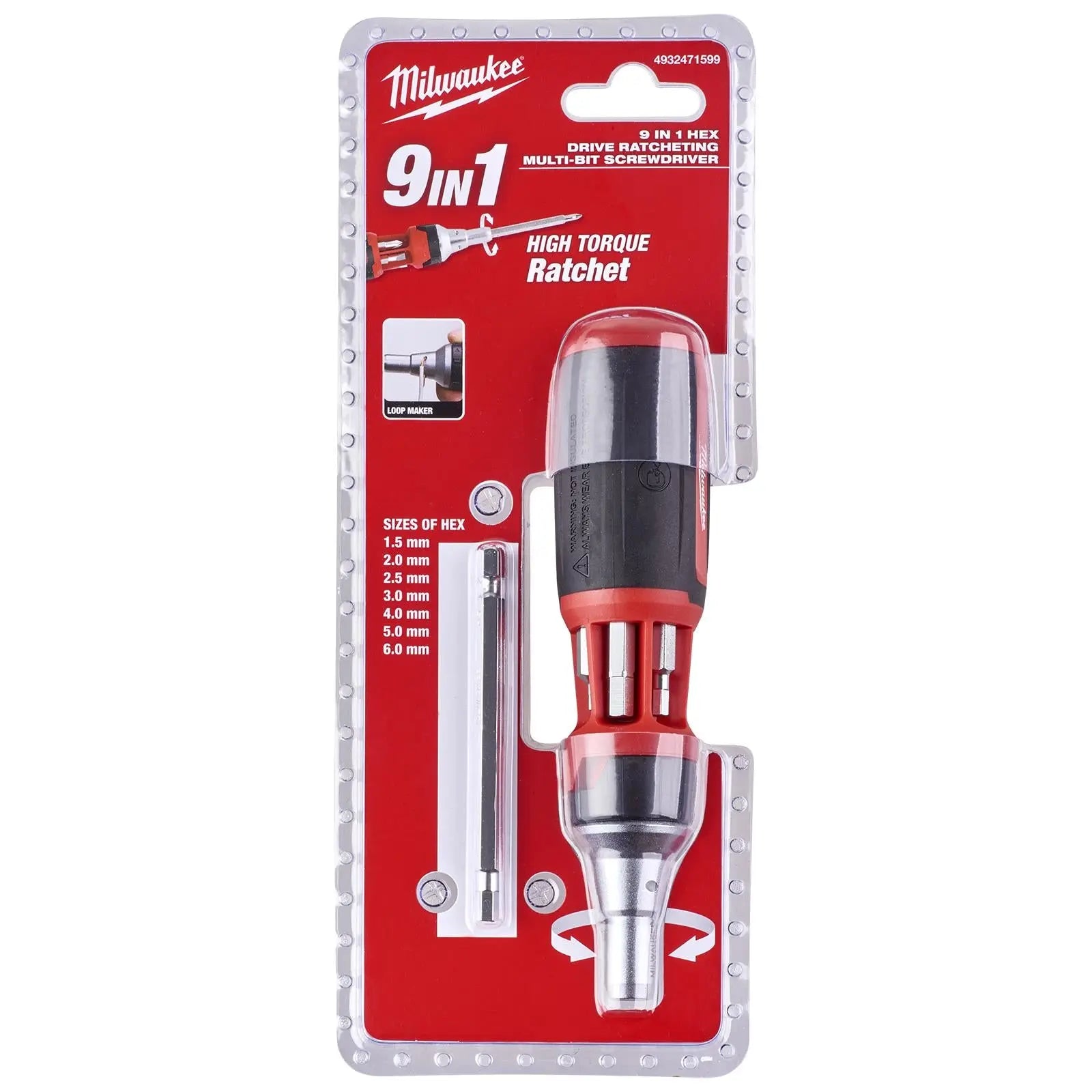 Milwaukee Ratchet Screwdriver 9 in 1 Multi Bit Hex 1.5-6mm 
