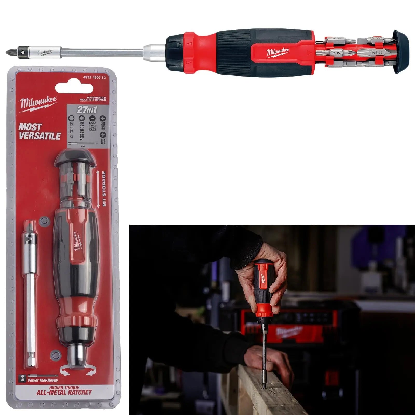 Milwaukee Ratchet Screwdriver Set 27 in 1 Multi Bit Pozi Phillips Torx Slotted Hex  White Rose Tools