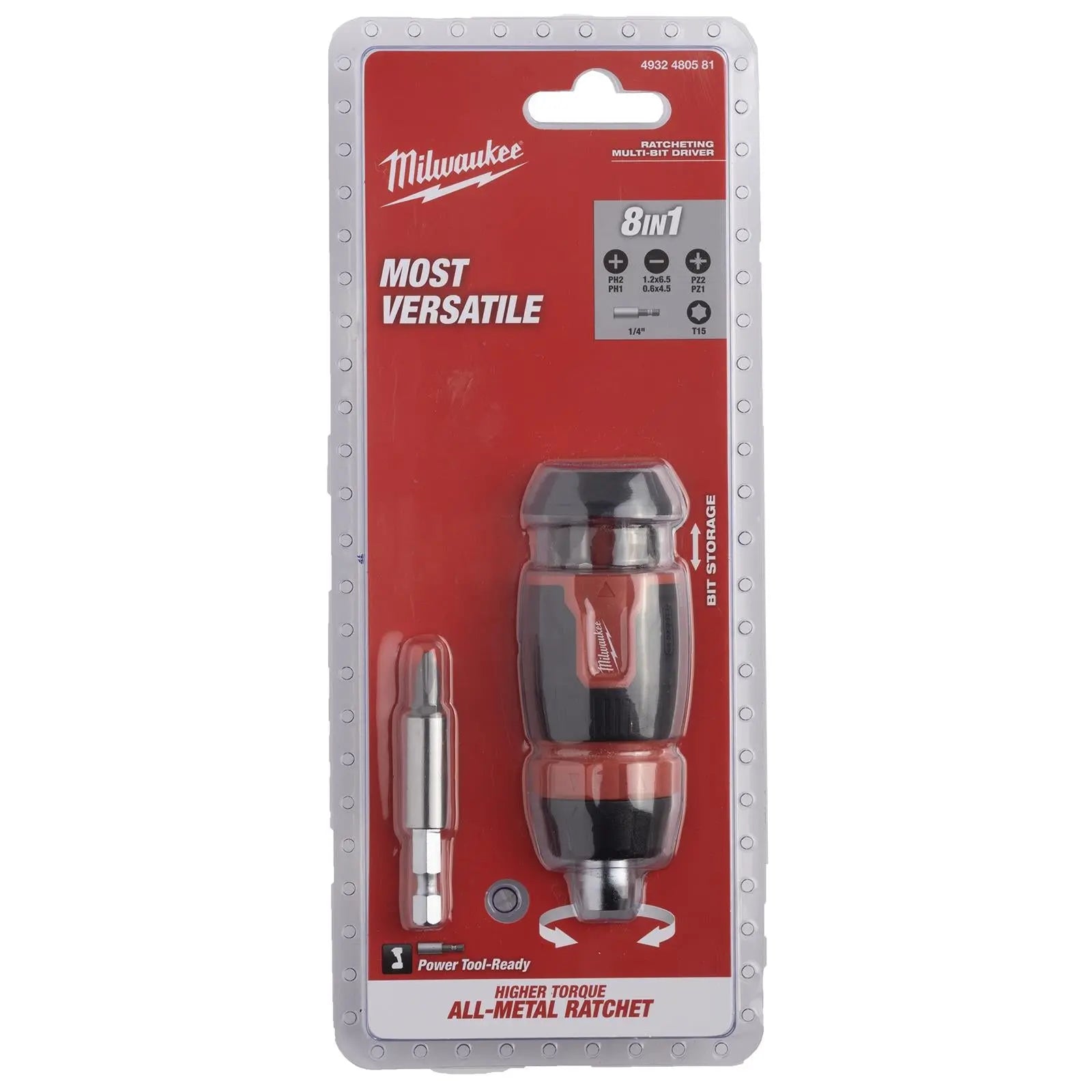 Milwaukee Ratchet Screwdriver Set Compact 8 in 1 Multi Bit Stubby Pozi Phillips Torx Slotted  White Rose Tools