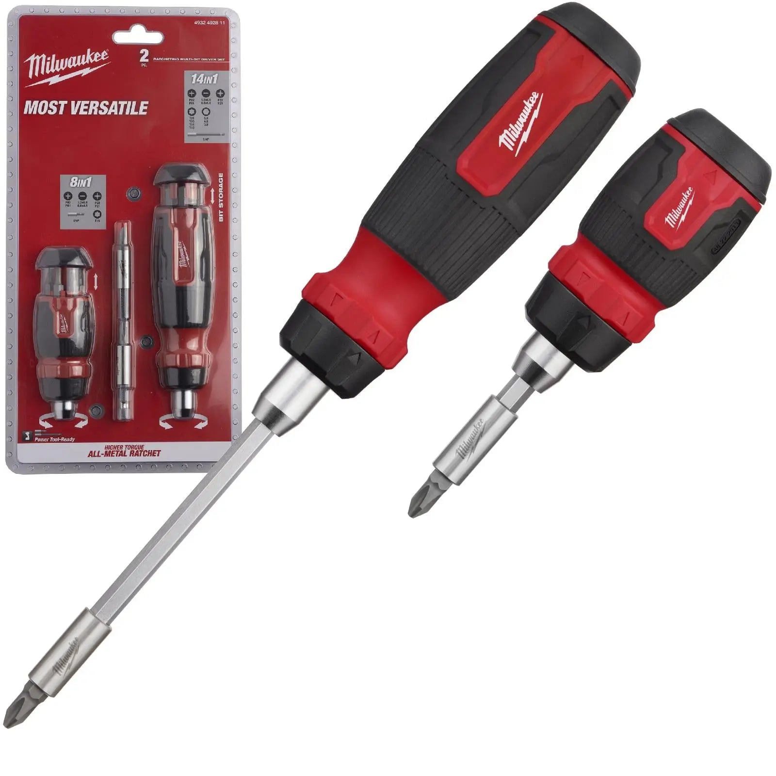 Milwaukee Ratchet Screwdriver Set Kit 2 Piece Compact 8 in 1 and Standard 14 in 1  White Rose Tools