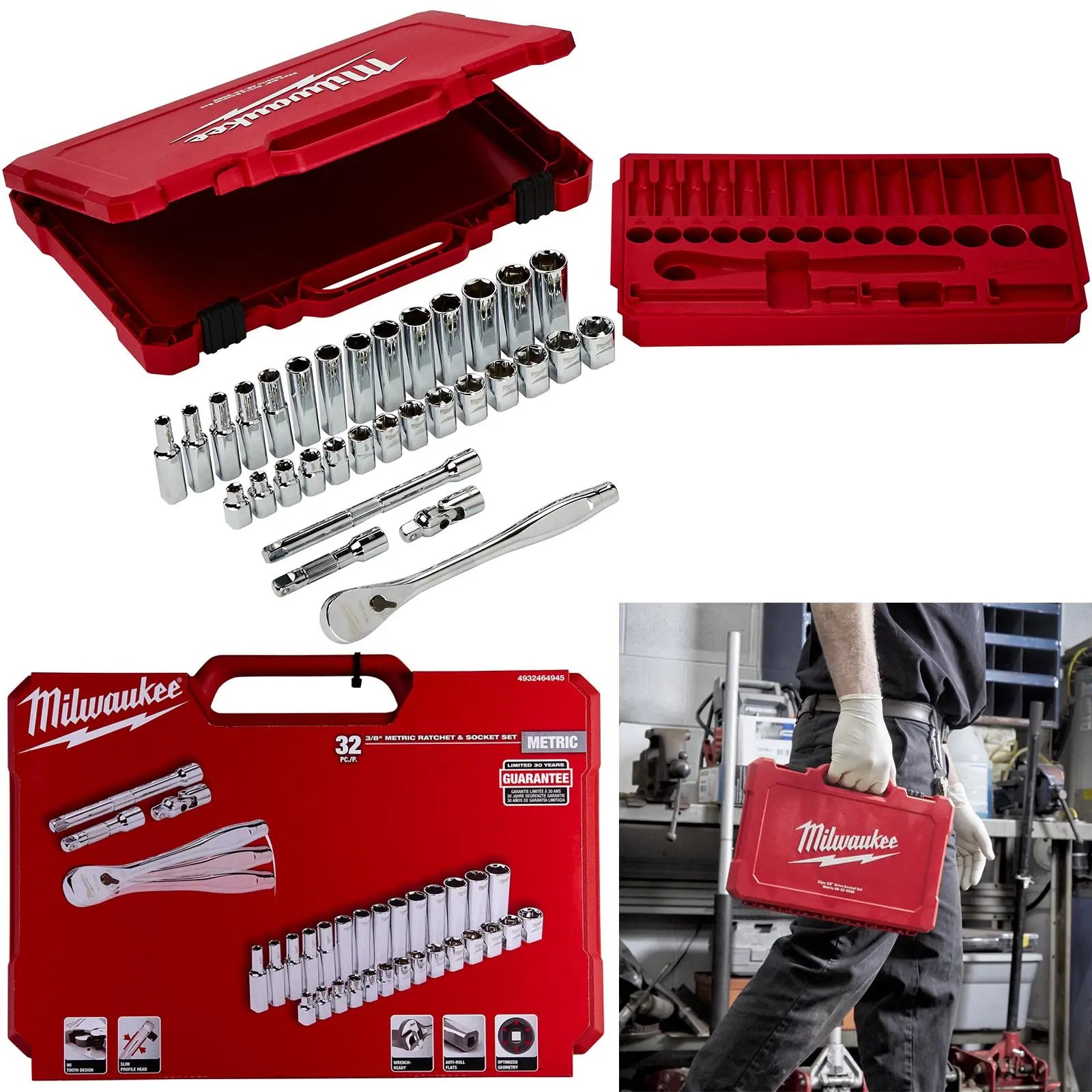 Milwaukee Ratchet Socket Set 3/8" Drive 32 Piece Metric 6-19mm 
