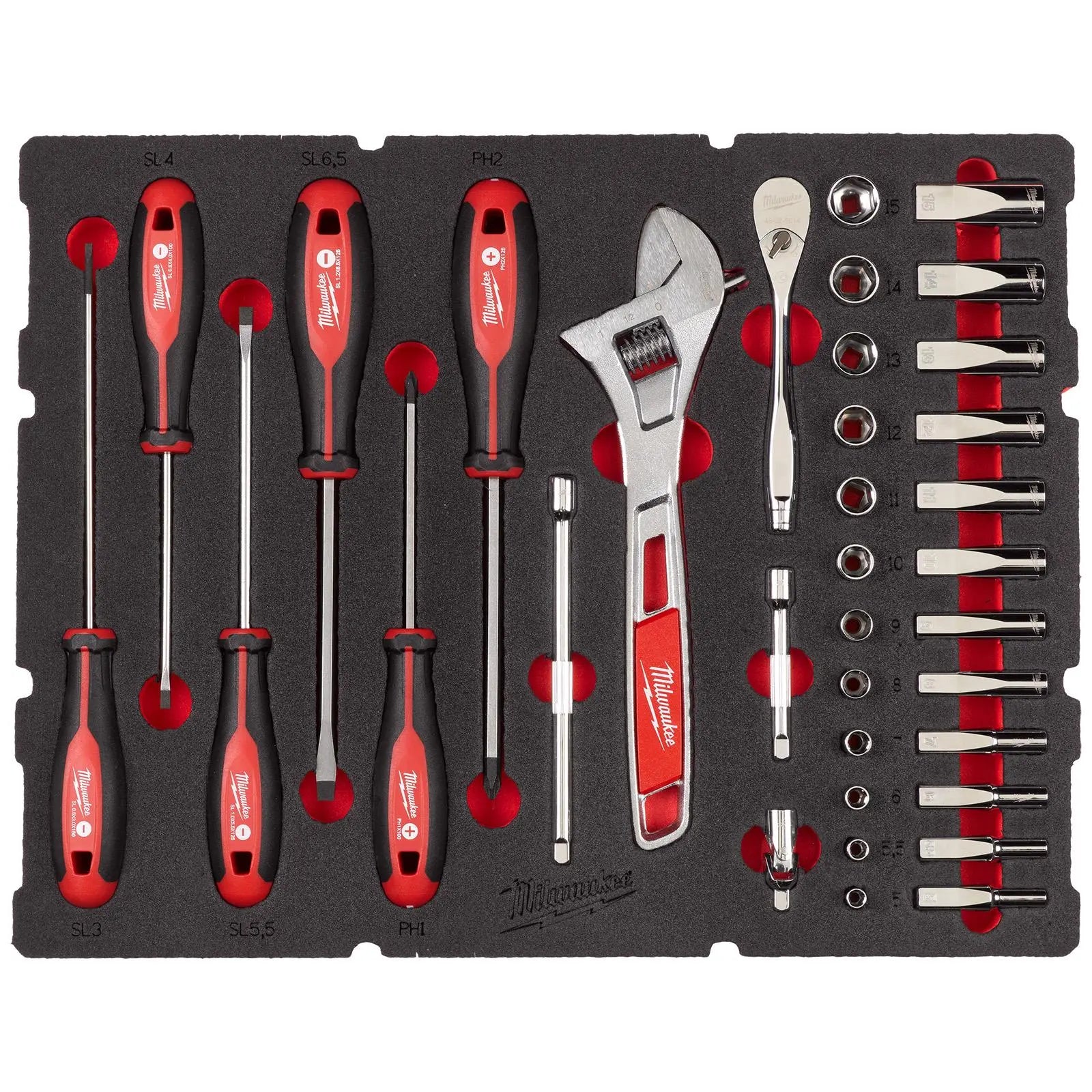 Milwaukee Ratchet and Socket 1/4" Drive Screwdriver Wrench Set Packout Drawer Foam Insert 35 Piece  White Rose Tools