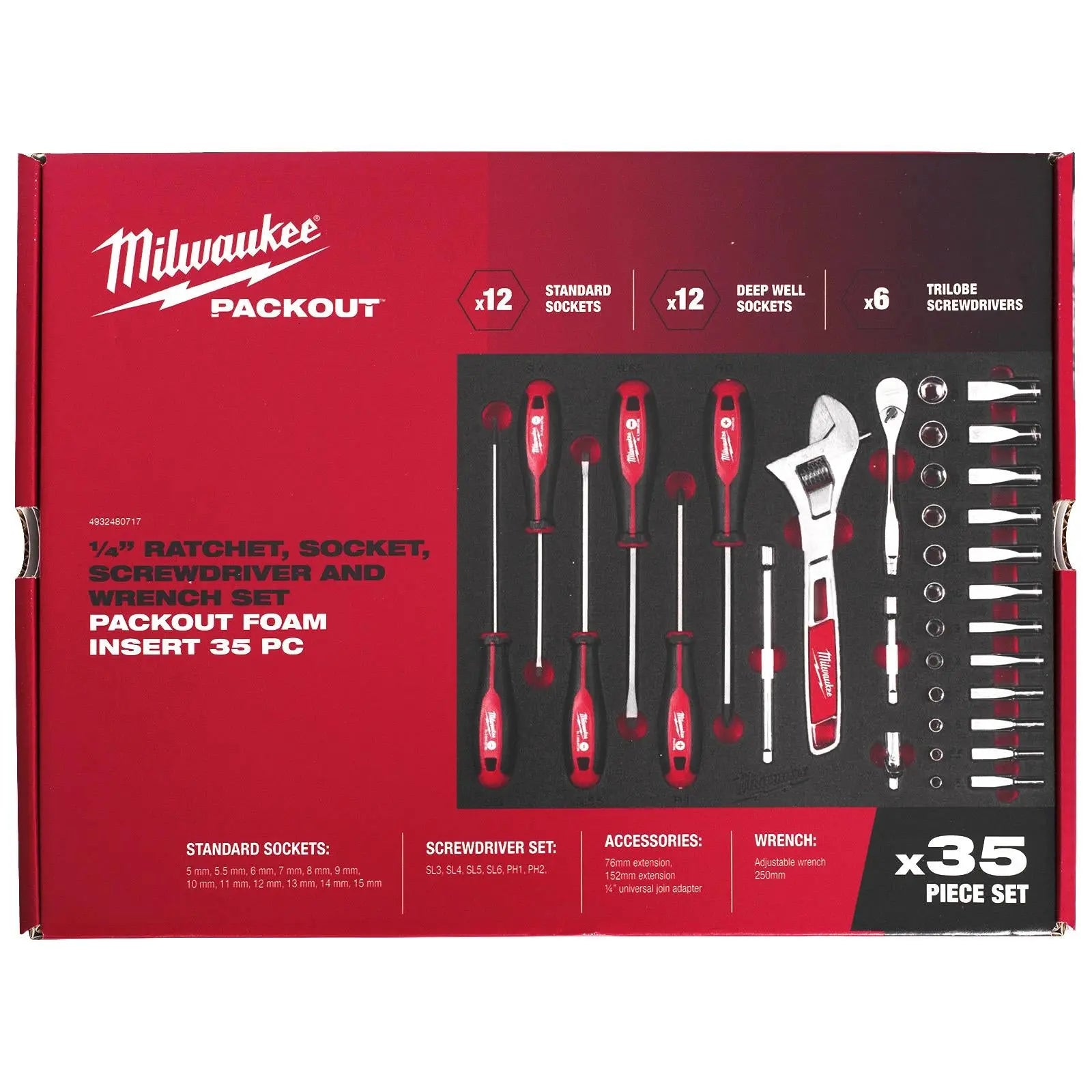 Milwaukee Ratchet and Socket 1/4" Drive Screwdriver Wrench Set Packout Drawer Foam Insert 35 Piece  White Rose Tools