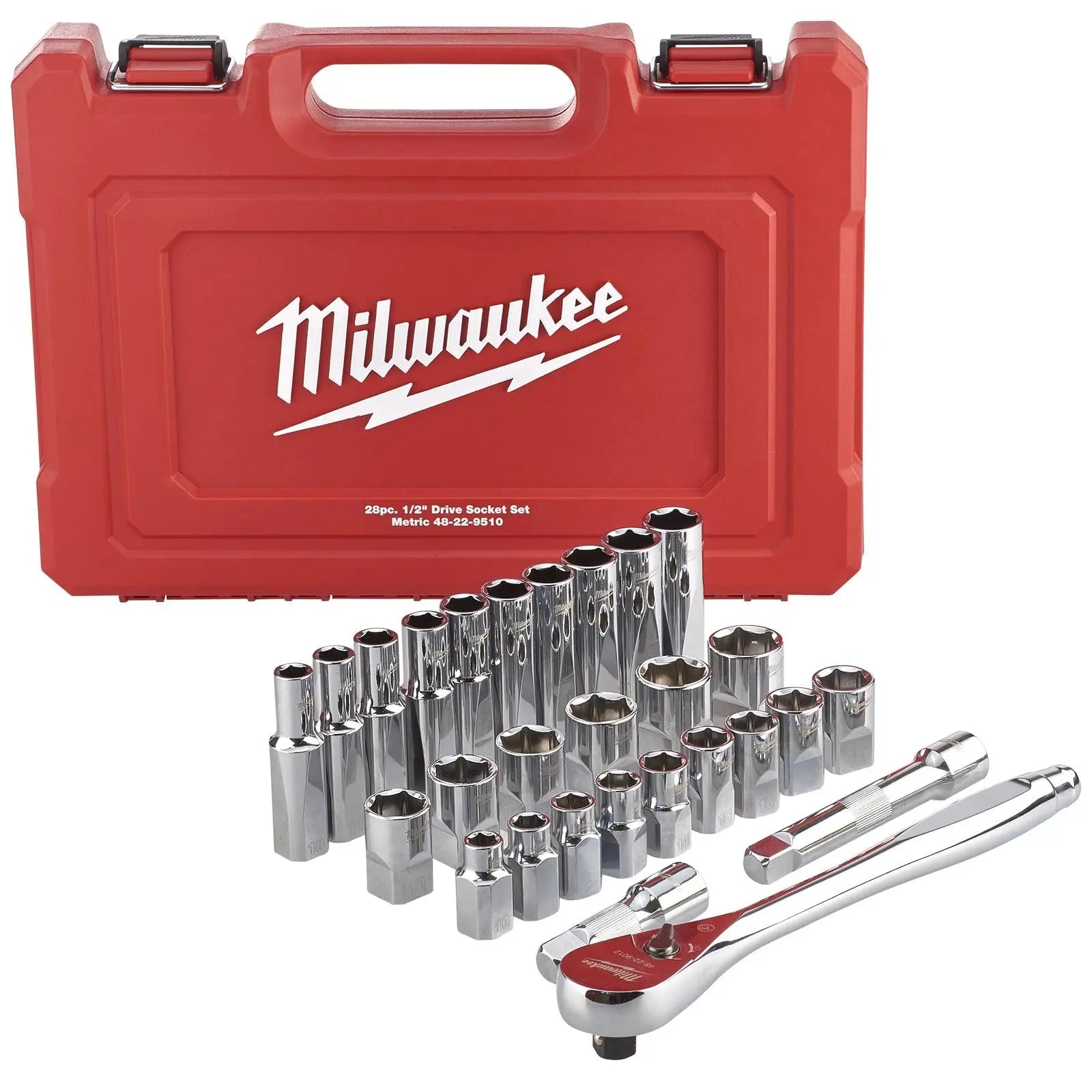 Milwaukee Ratchet and Socket Set 1/2" Drive 28 Piece 10-24mm 90 Tooth Ratchet 