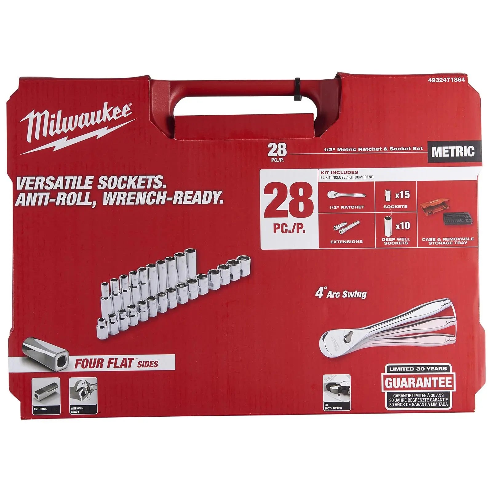 Milwaukee Ratchet and Socket Set 1/2" Drive 28 Piece 10-24mm 90 Tooth Ratchet 
