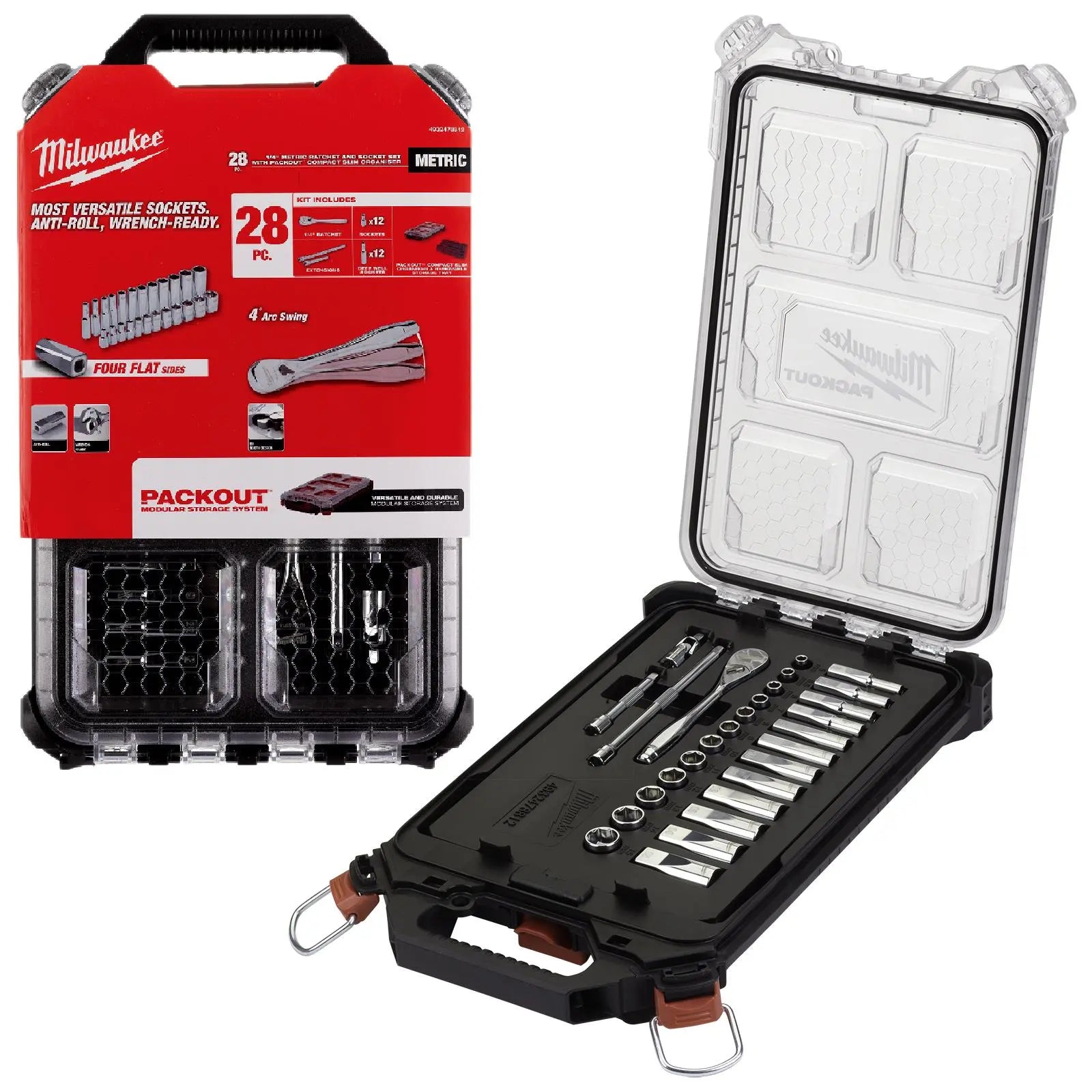Milwaukee Ratchet and Socket Set 1/4" Drive 28 Piece Packout Compact Slim Organiser 