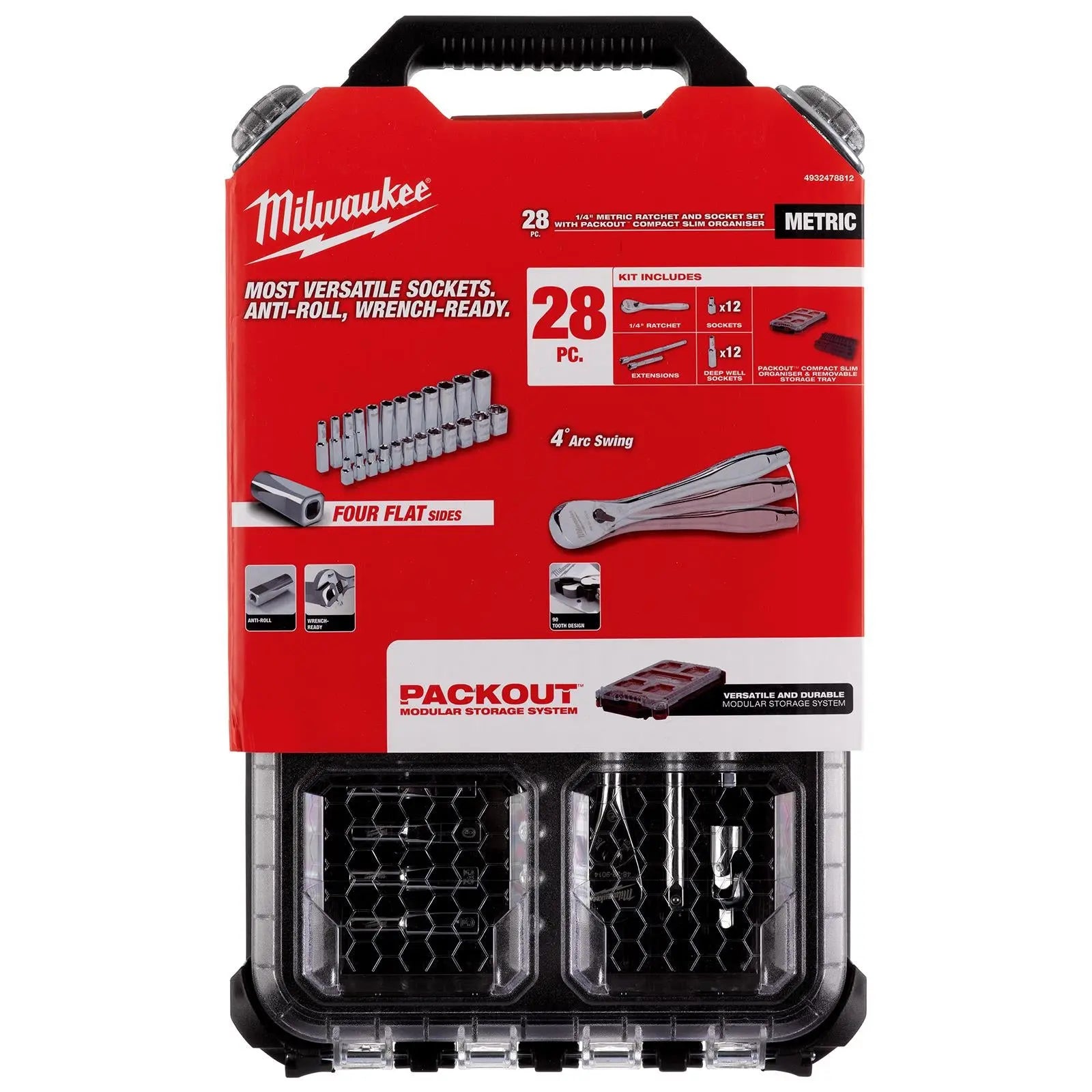 Milwaukee Ratchet and Socket Set 1/4" Drive 28 Piece Packout Compact Slim Organiser 
