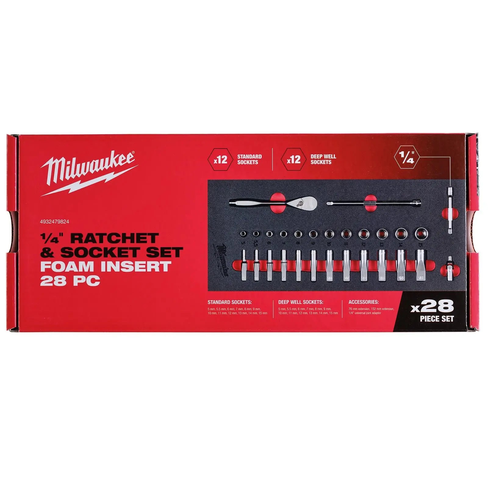 Milwaukee Ratchet and Socket Set 1/4" Drive Foam Insert Tray 28 Piece 5-15mm 