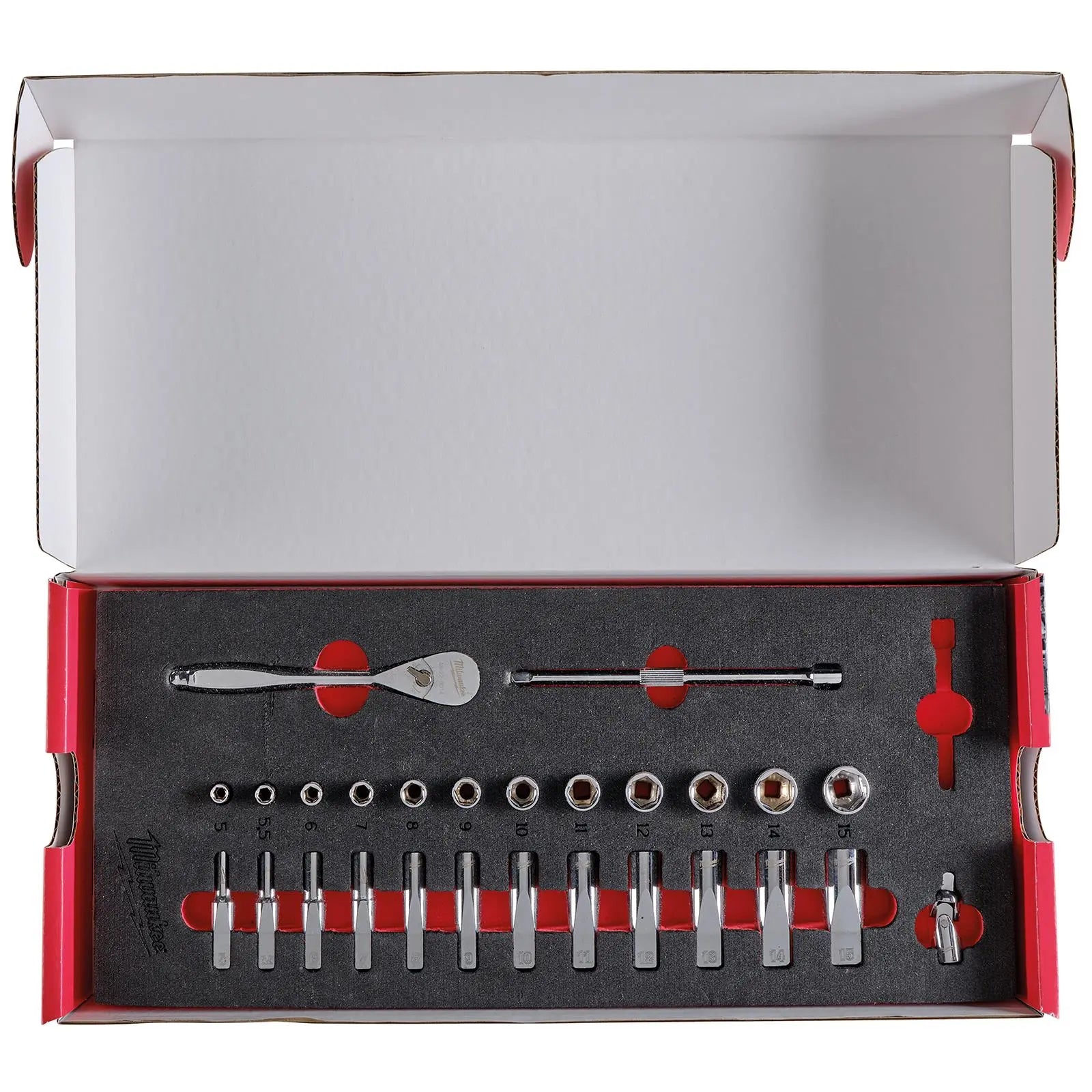 Milwaukee Ratchet and Socket Set 1/4" Drive Foam Insert Tray 28 Piece 5-15mm 