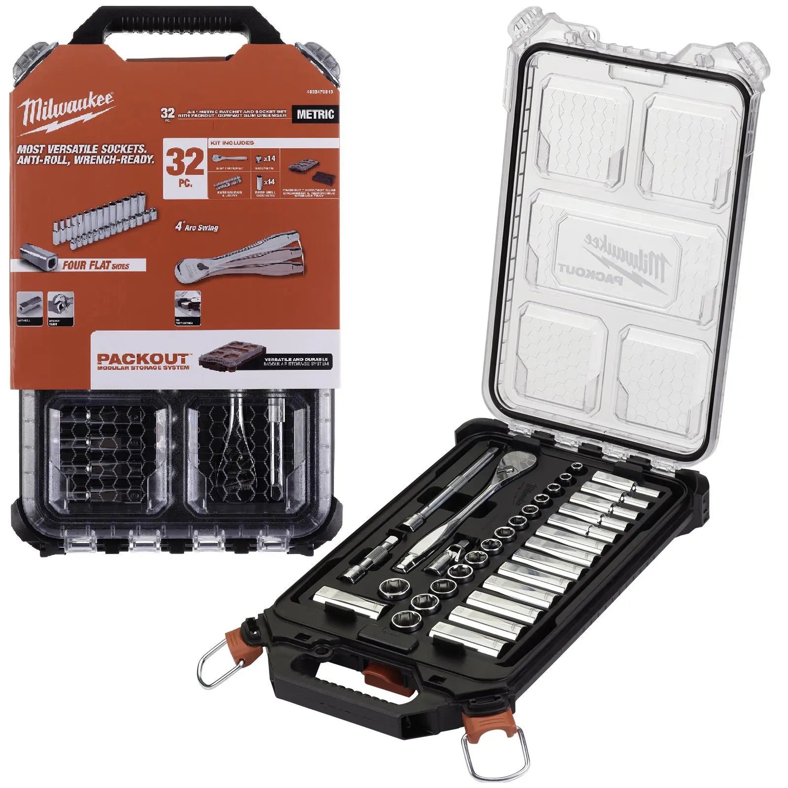 Milwaukee Ratchet and Socket Set 3/8" Drive 32 Piece Packout Compact Slim Organiser 