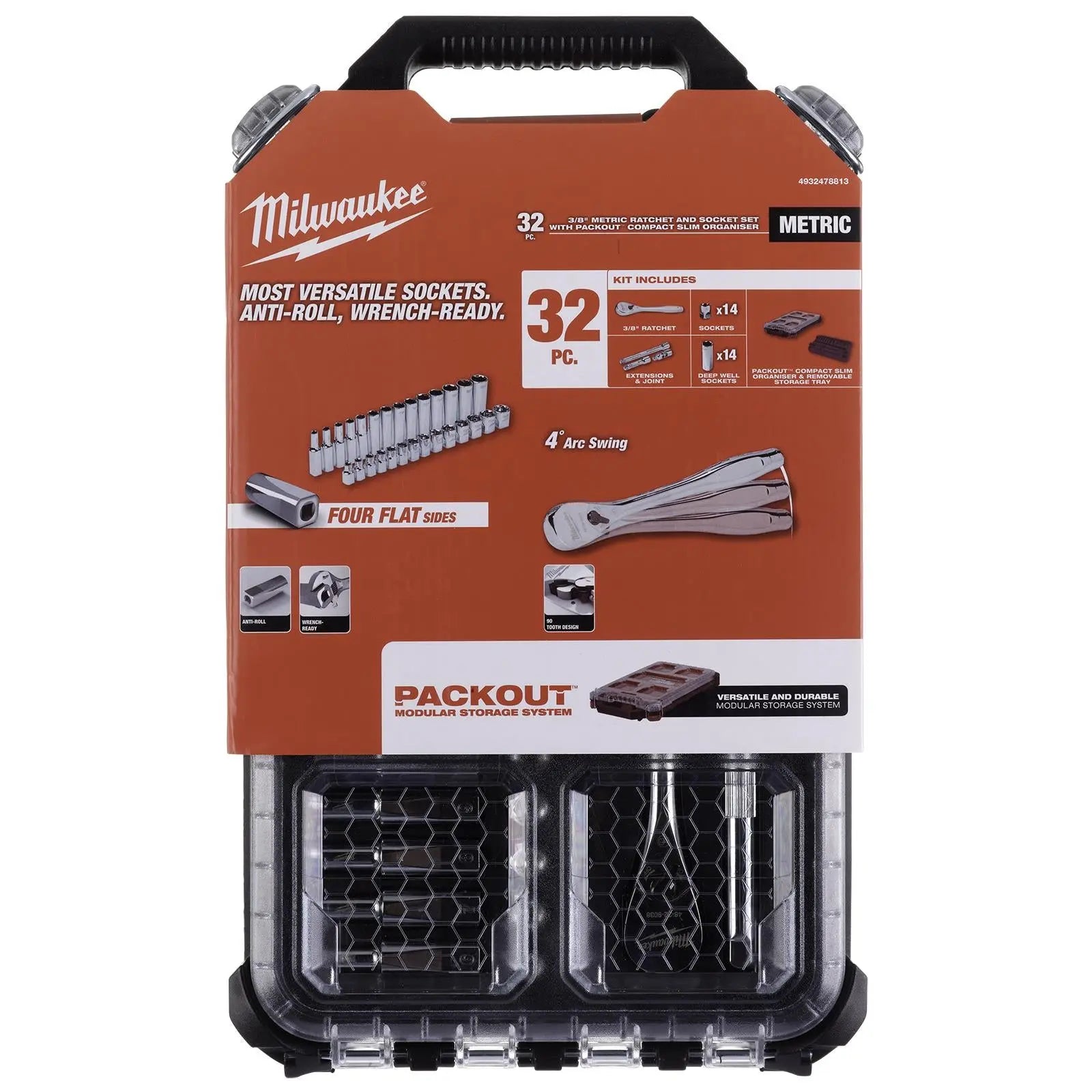 Milwaukee Ratchet and Socket Set 3/8" Drive 32 Piece Packout Compact Slim Organiser 