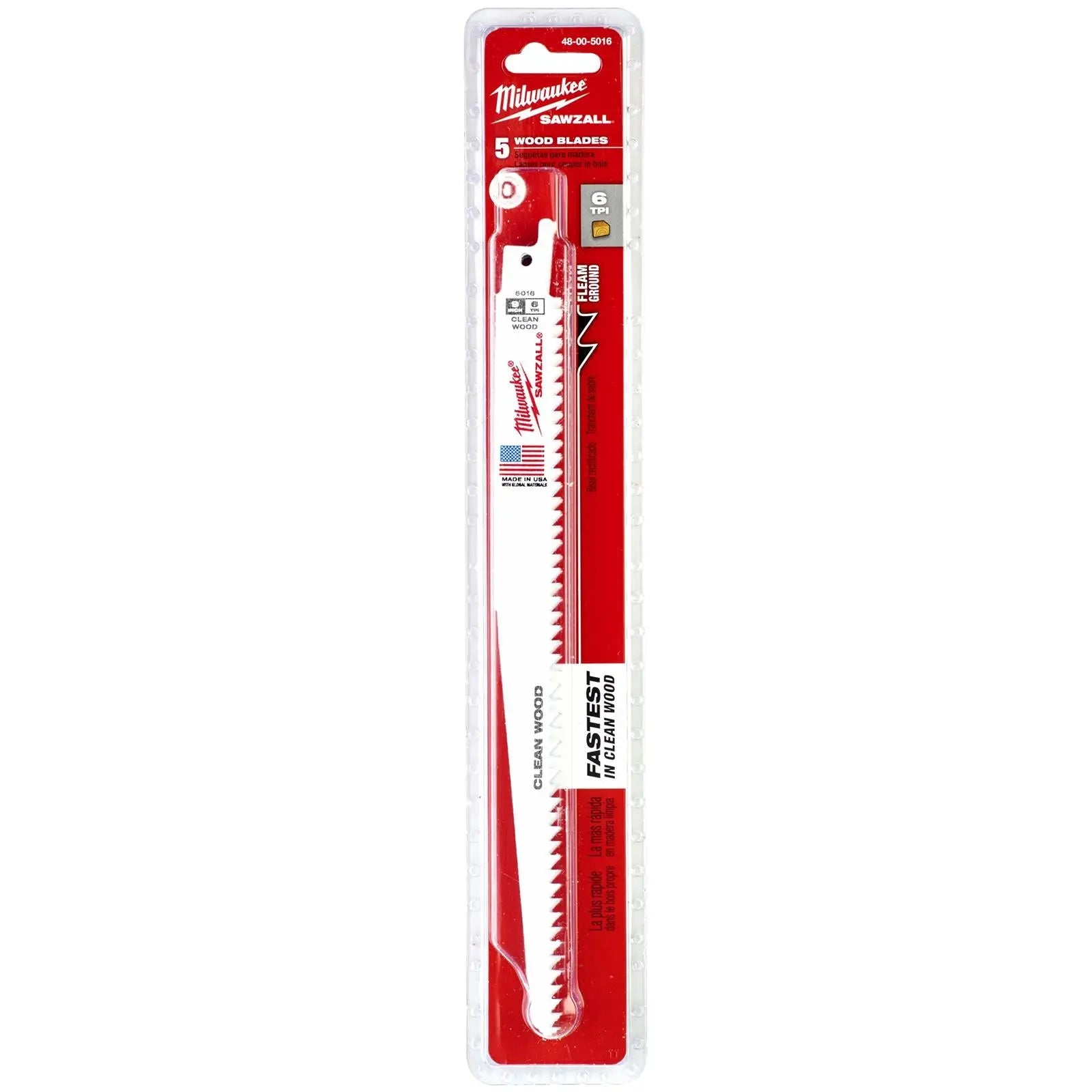 Milwaukee Reciprocating Saw Blade Sawzall 230mm 6 TPI 5 Pack Wood Plastic 