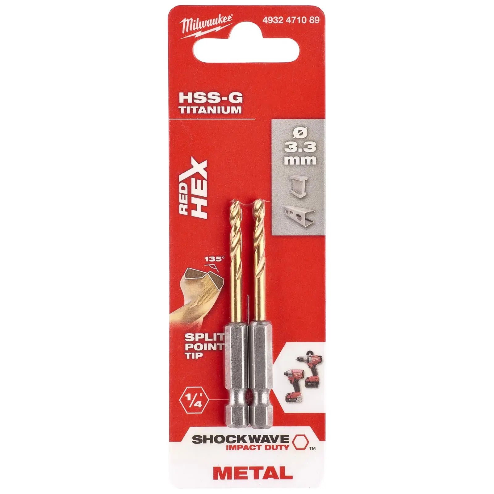 Milwaukee Red Hex Metal Drill Bits HSS Shockwave Impact Duty 1/4" Hex Shank 