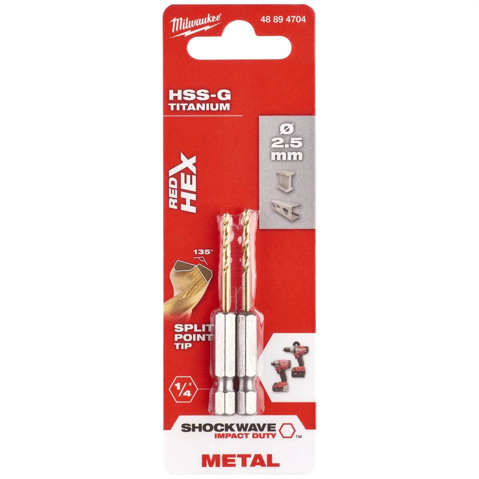 Milwaukee Red Hex Metal Drill Bits HSS Shockwave Impact Duty 1/4" Hex Shank 