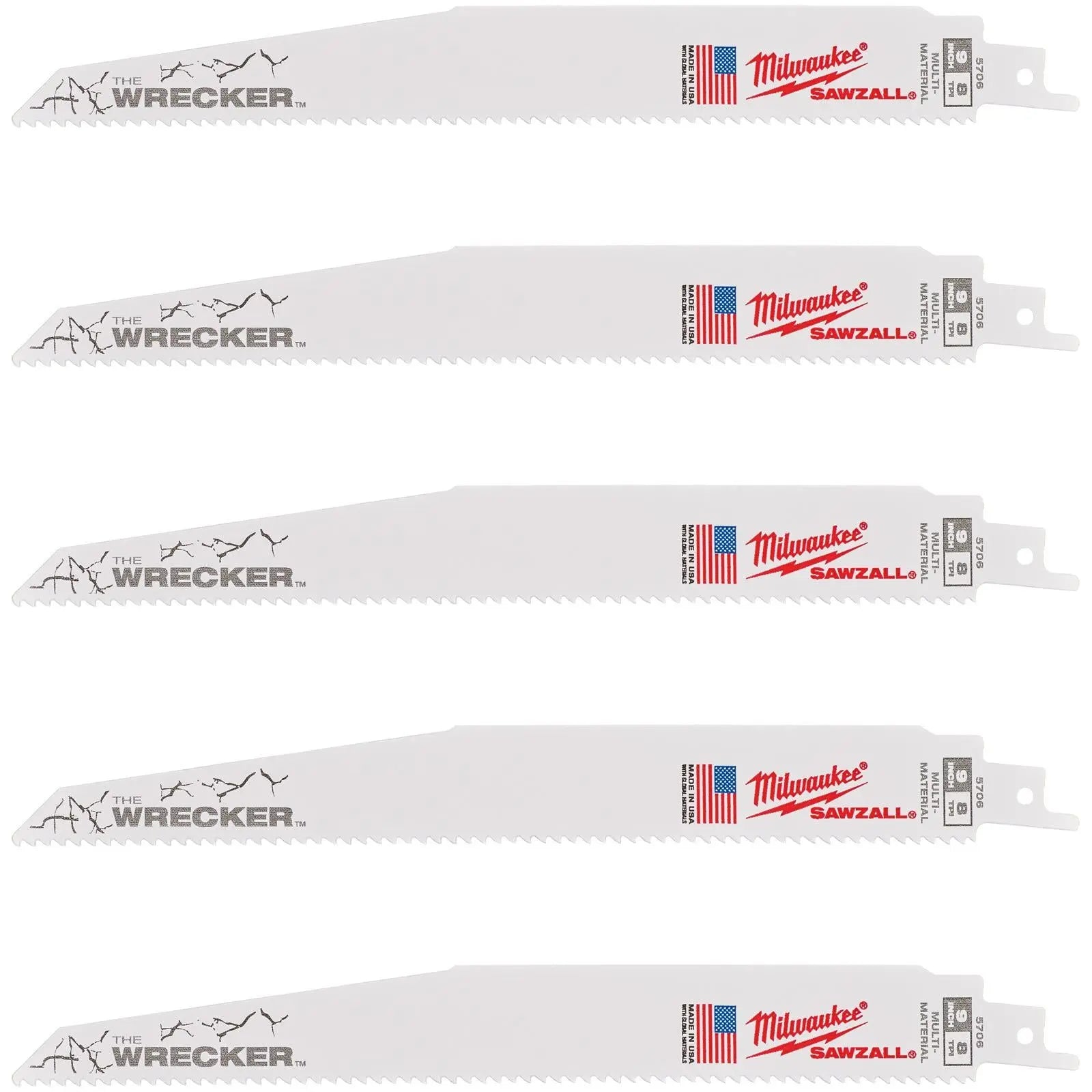 Milwaukee SAWZALL Multi Material WRECKER Reciprocating Saw Blade 230mm 7/11 TPI 5 Piece  White Rose Tools