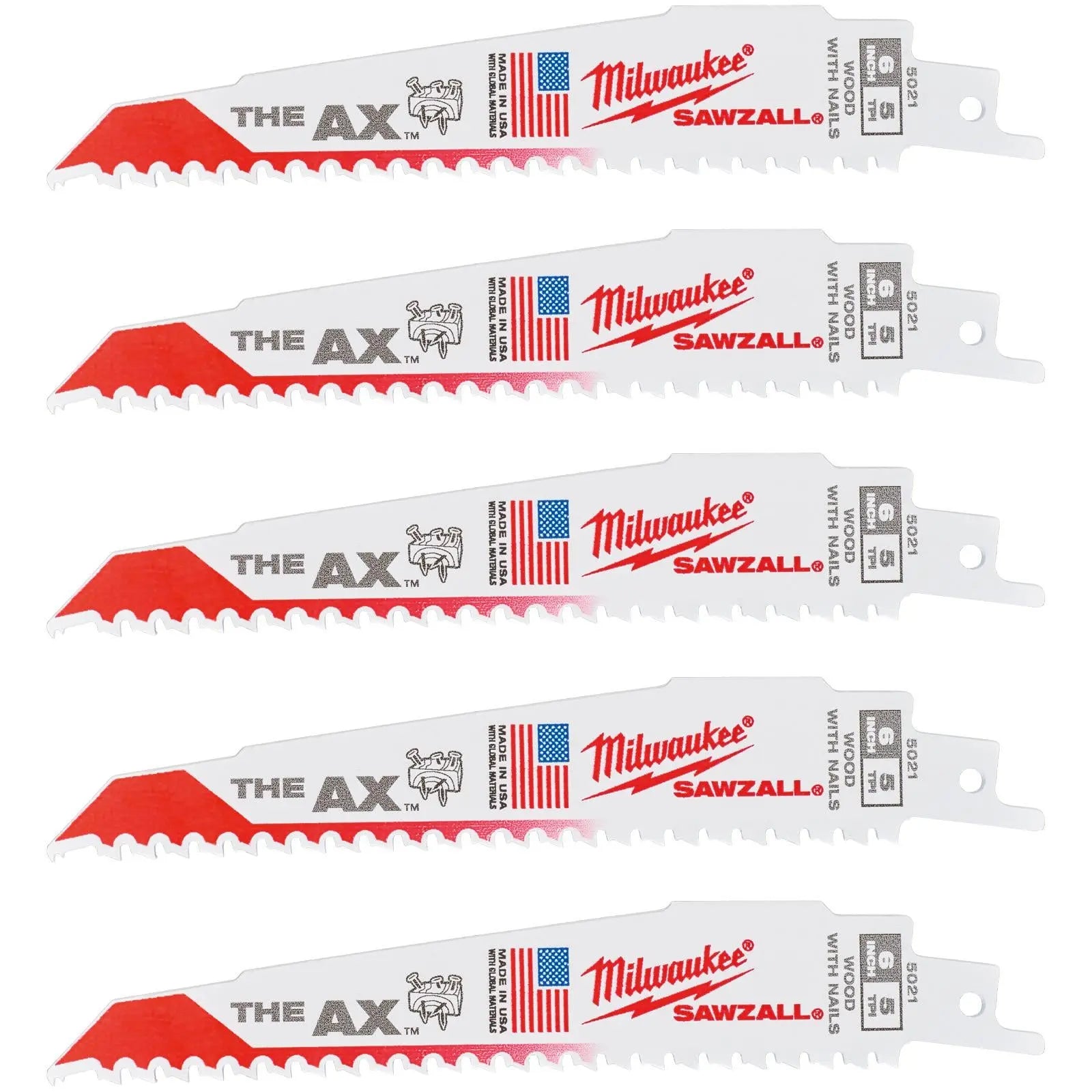 Milwaukee SAWZALL Wood with Nails AX Demolition Reciprocating Saw Blades 150mm 5 TPI 5 Piece  White Rose Tools