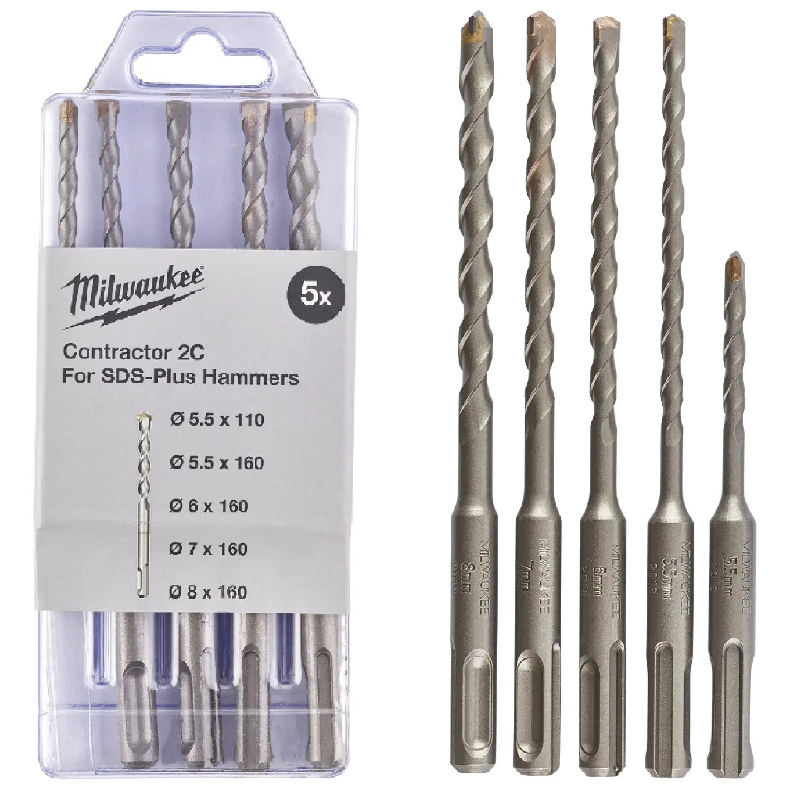 Milwaukee SDS Plus Contractor Hammer Drill Bit Set 2 Cut 5 Piece 5.5-8mm 