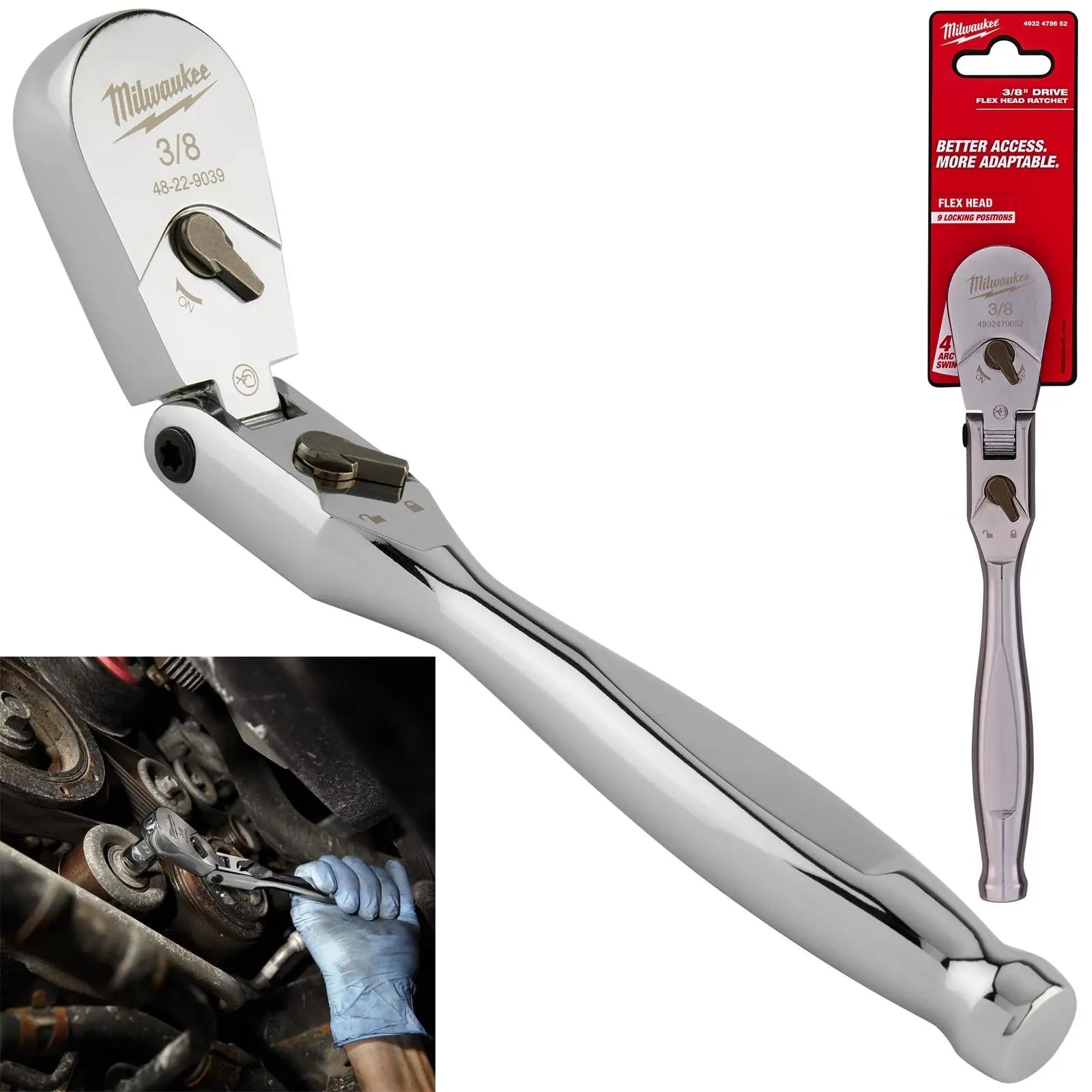 Milwaukee Socket Ratchet Wrench Flexible Head 3/8" Drive 90 Tooth Slim Profile Head  White Rose Tools