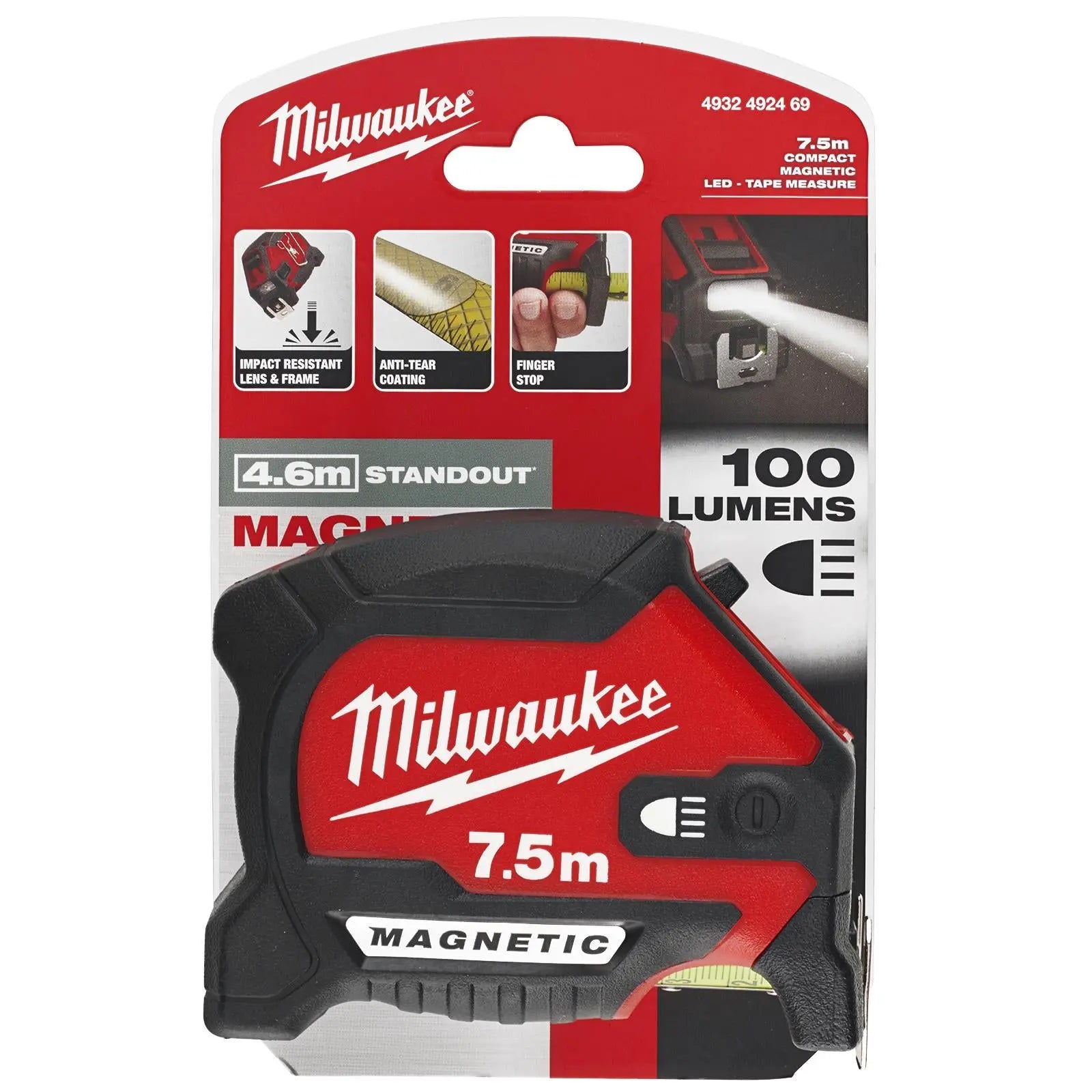 Milwaukee Tape Measure Magnetic 7.5m with LED Light 30mm Wide Blade 100 Lumens  White Rose Tools