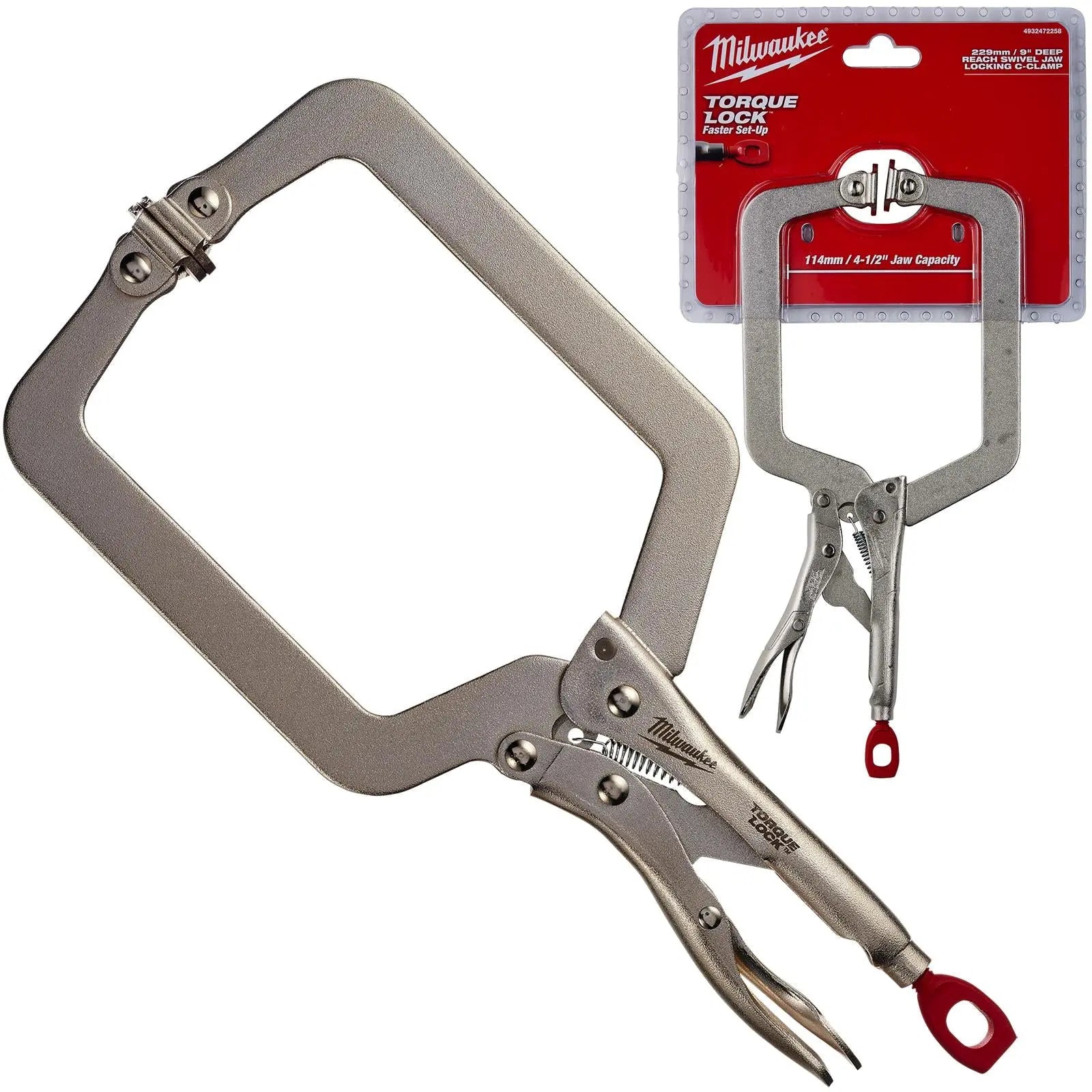 Milwaukee Torque Lock Locking C Clamp 230mm Deep Reach Clamp with Swivel Jaws 