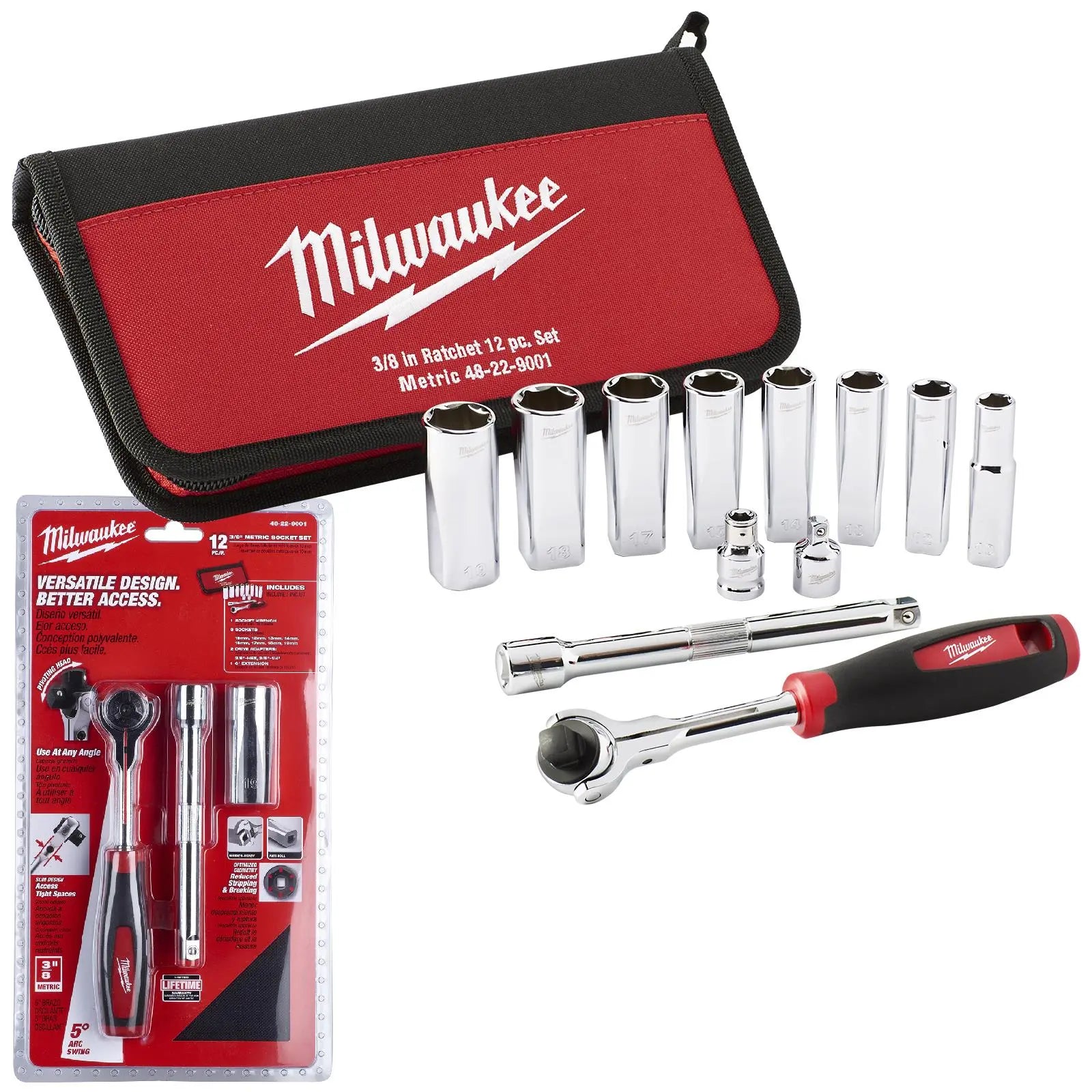 Milwaukee Tradesman Ratchet and Socket Set 3/8" Drive 12 Piece 10-19mm 