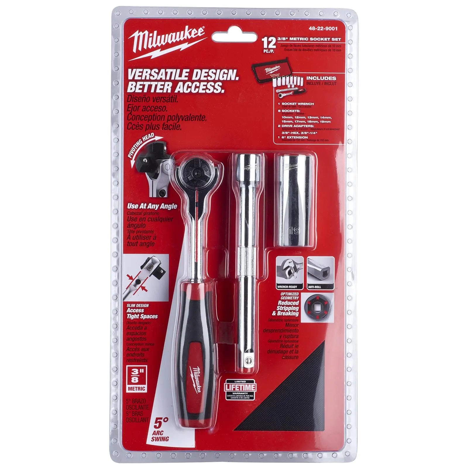 Milwaukee Tradesman Ratchet and Socket Set 3/8" Drive 12 Piece 10-19mm 