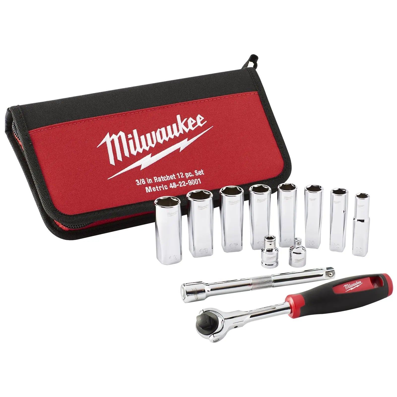 Milwaukee Tradesman Ratchet and Socket Set 3/8" Drive 12 Piece 10-19mm 