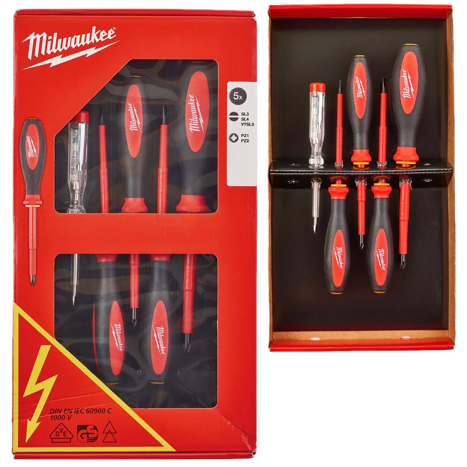 Milwaukee VDE Screwdriver Set 5 Piece Slotted Pozi Voltage Tester 