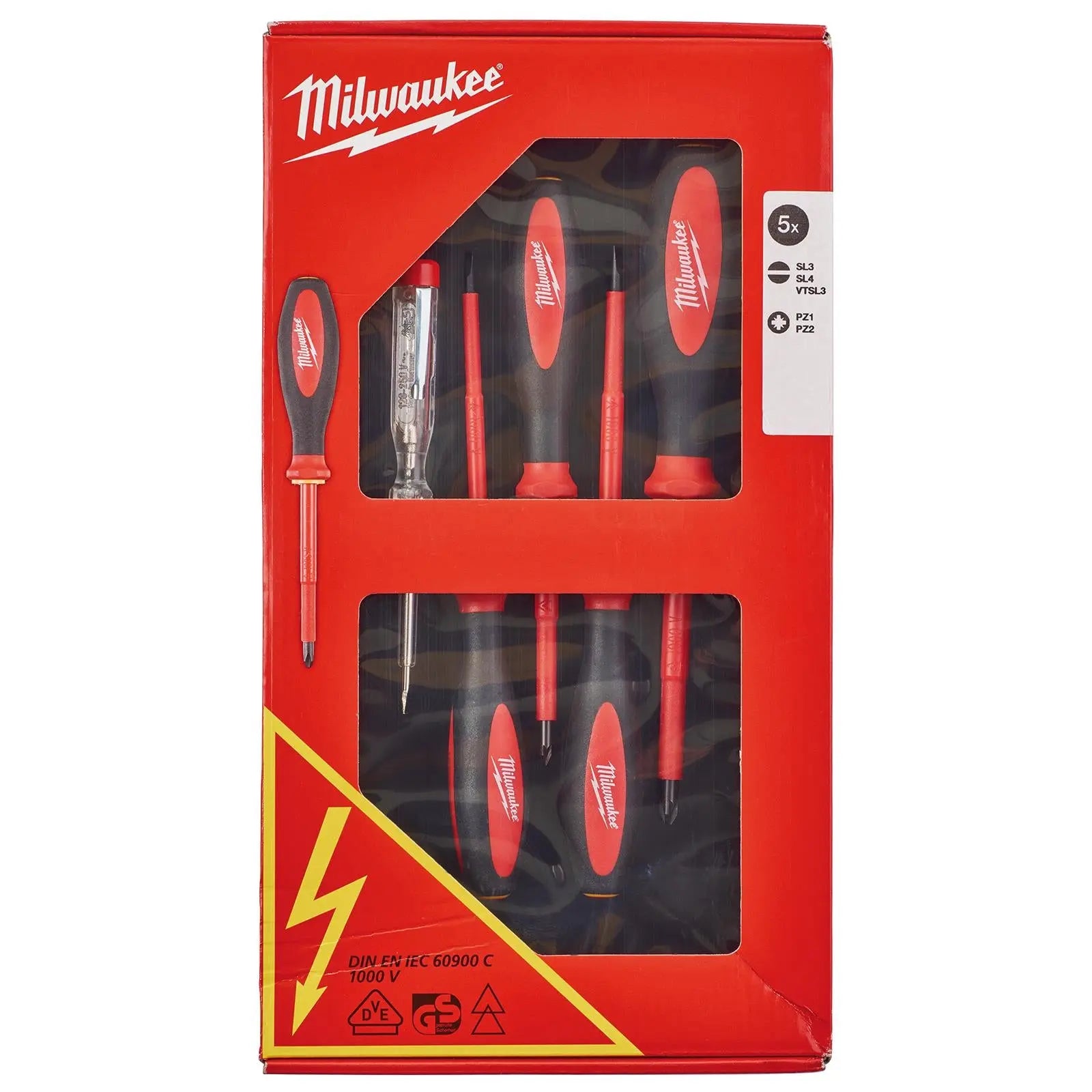 Milwaukee VDE Screwdriver Set 5 Piece Slotted Pozi Voltage Tester 