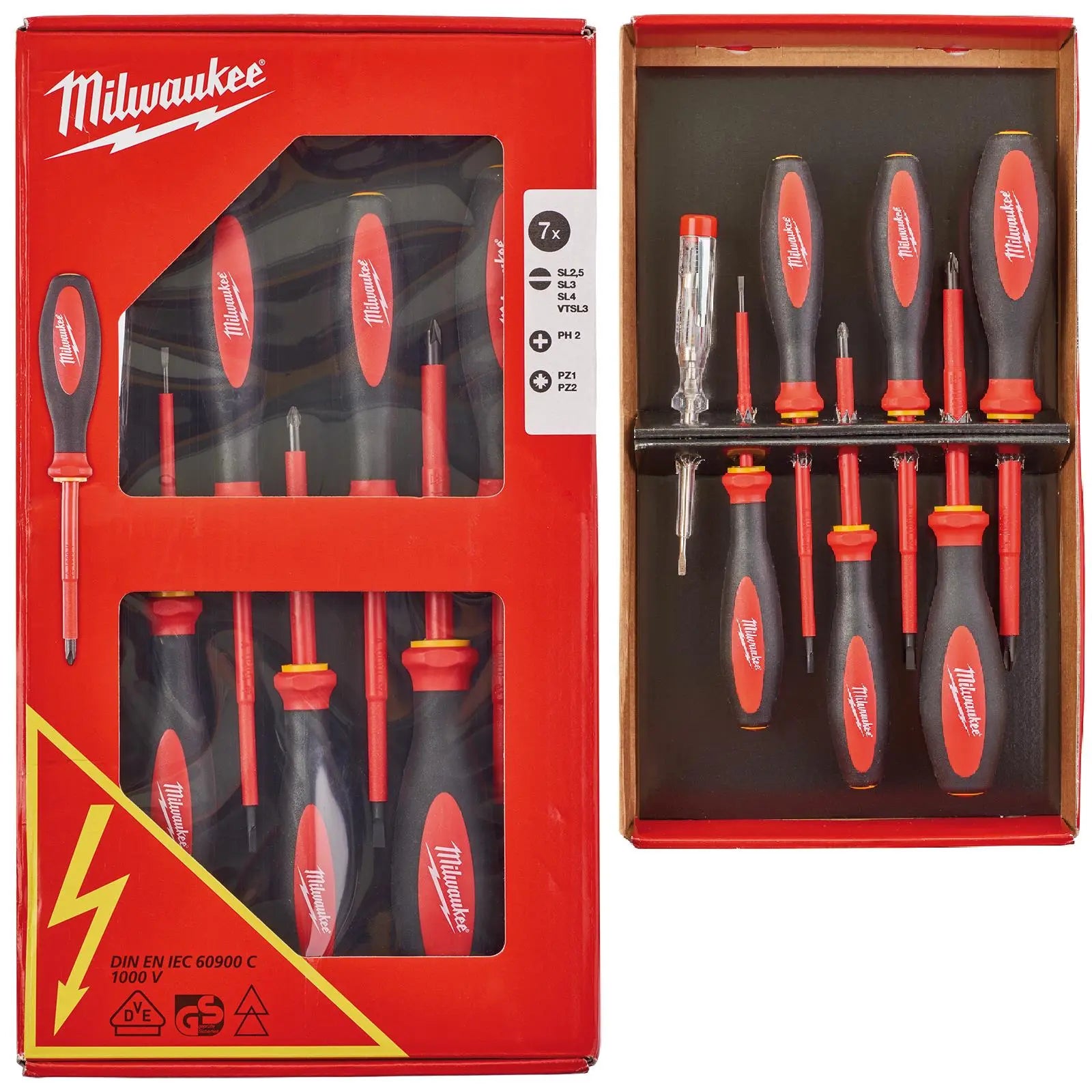 Milwaukee VDE Screwdriver Set 7 Piece Slotted Phillips Pozi Voltage Tester 