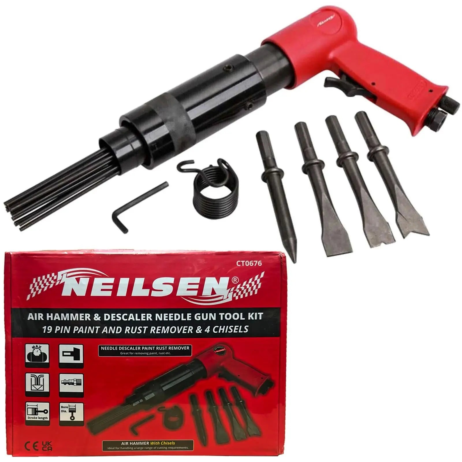 Neilsen Air Hammer Descaler Needle Gun Tool Kit Chisel Heavy Duty Garage 1/4  White Rose Tools